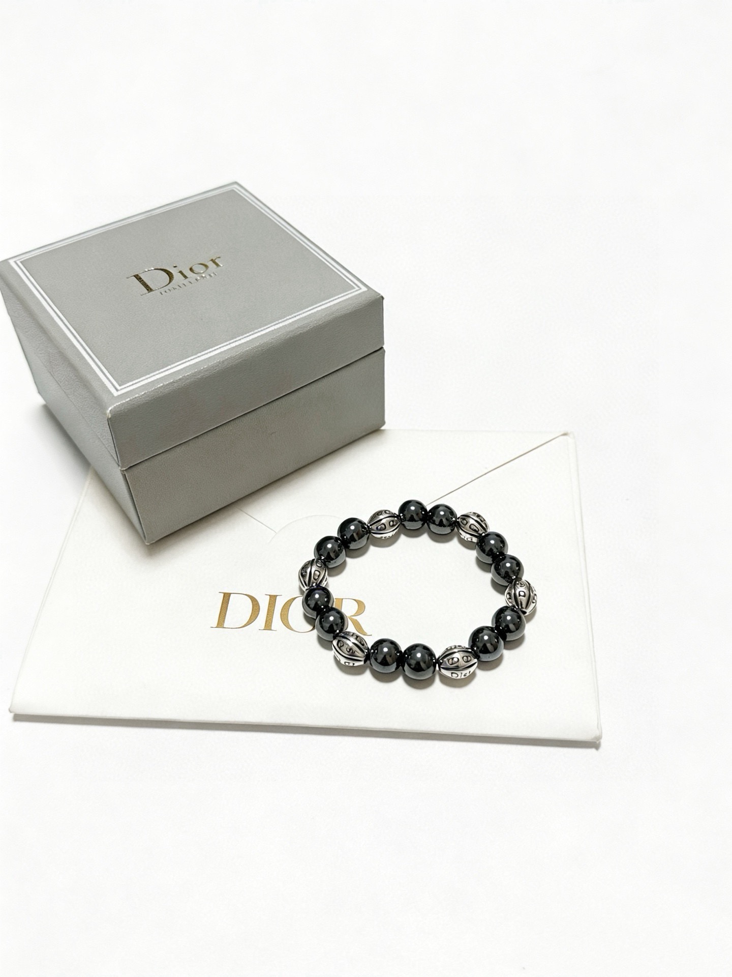 Dior Beaded Logo Bracelet bracelet Black onyx beads with antique silver-tone metal logo beads 19cm