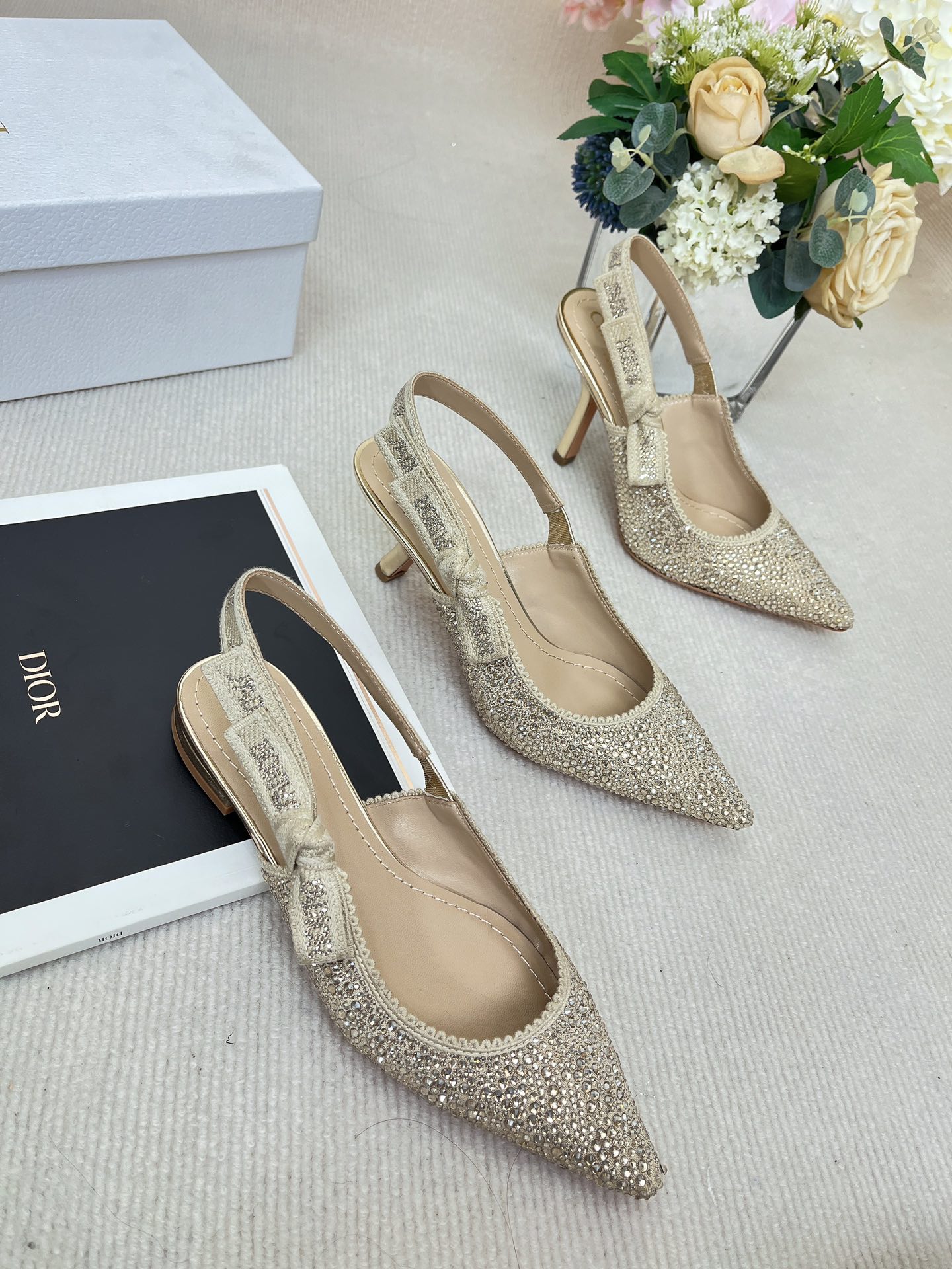 Dior Shoes High Heel Pumps Gold Embroidery Cotton