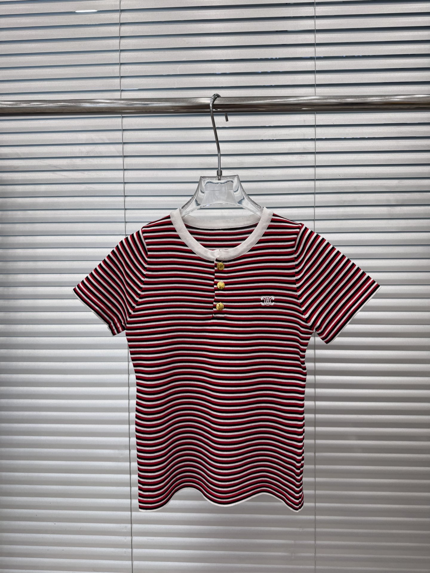 NO:450343,Real photos New celin* striped Arc de Triomphe embroidered small knitted short sleeves, celine, T-shirt, alexander wang19860909实拍图 新款celin*条纹凯旋门刺绣小标针织短袖,,celine,T-shirt,alexander wang,Women's clothing