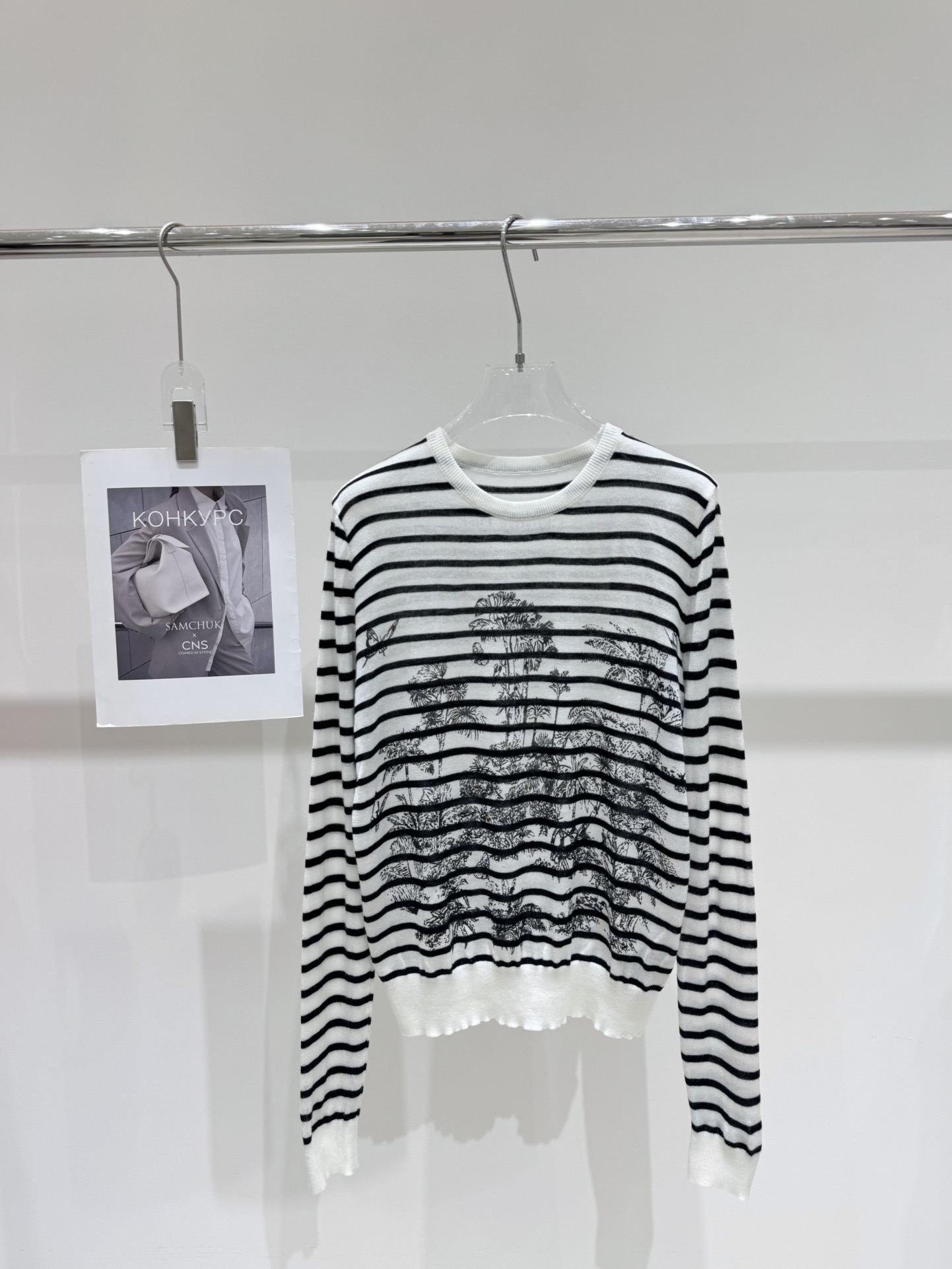 NO:454462,Real photos New striped round-neck coconut print knitted sleeve, alexander wang19860909实拍图 新款条纹圆领椰树印花针织套头,,alexander wang,Women's clothing