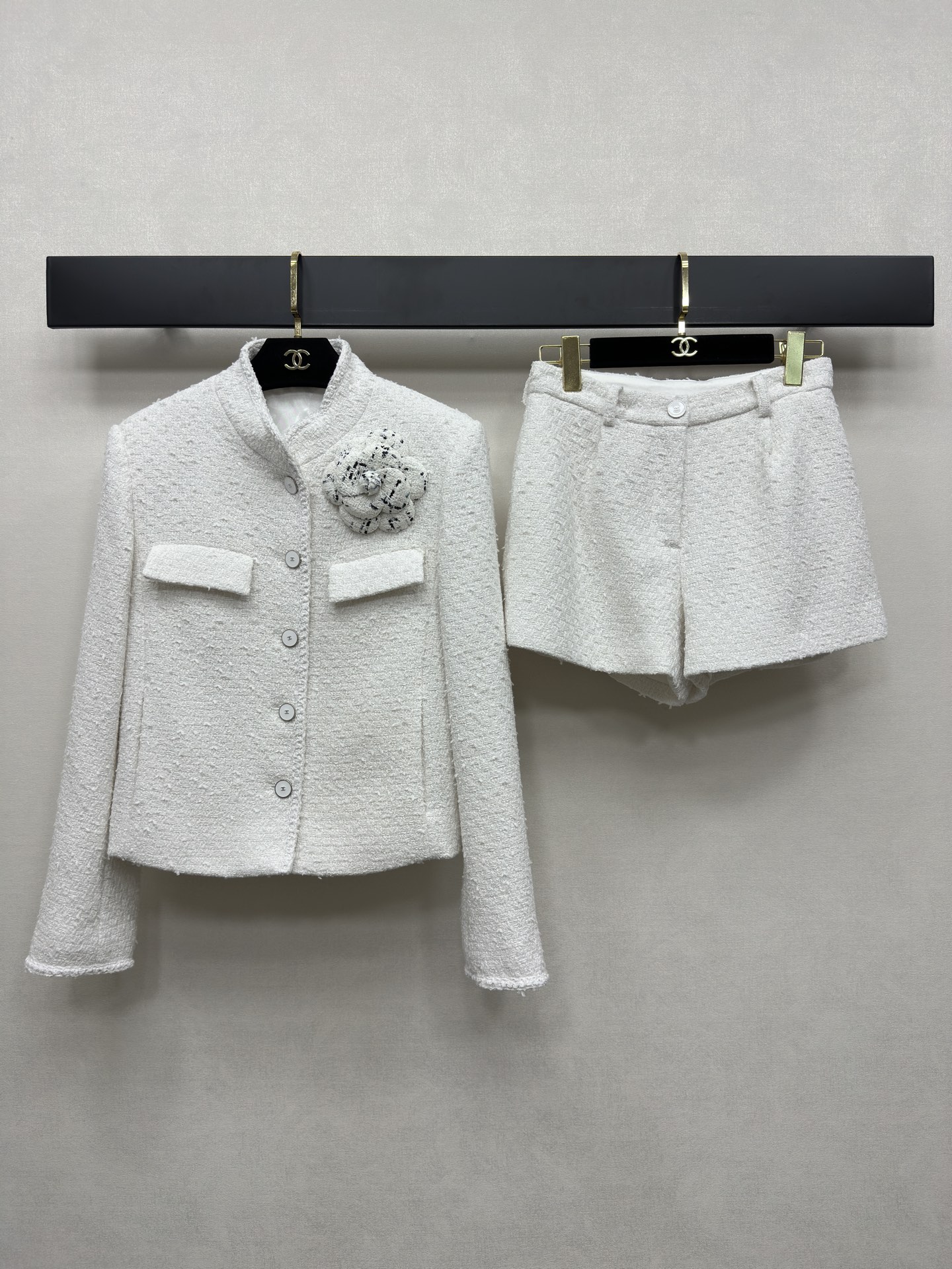 Chanel White Tweed Camellia Coat & Shorts Suit