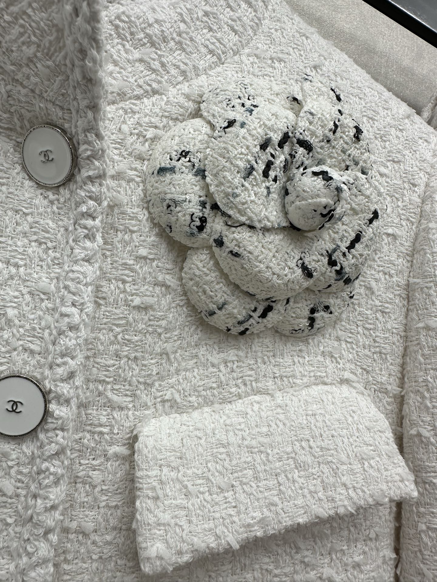Chanel White Tweed Camellia Coat & Shorts Suit
