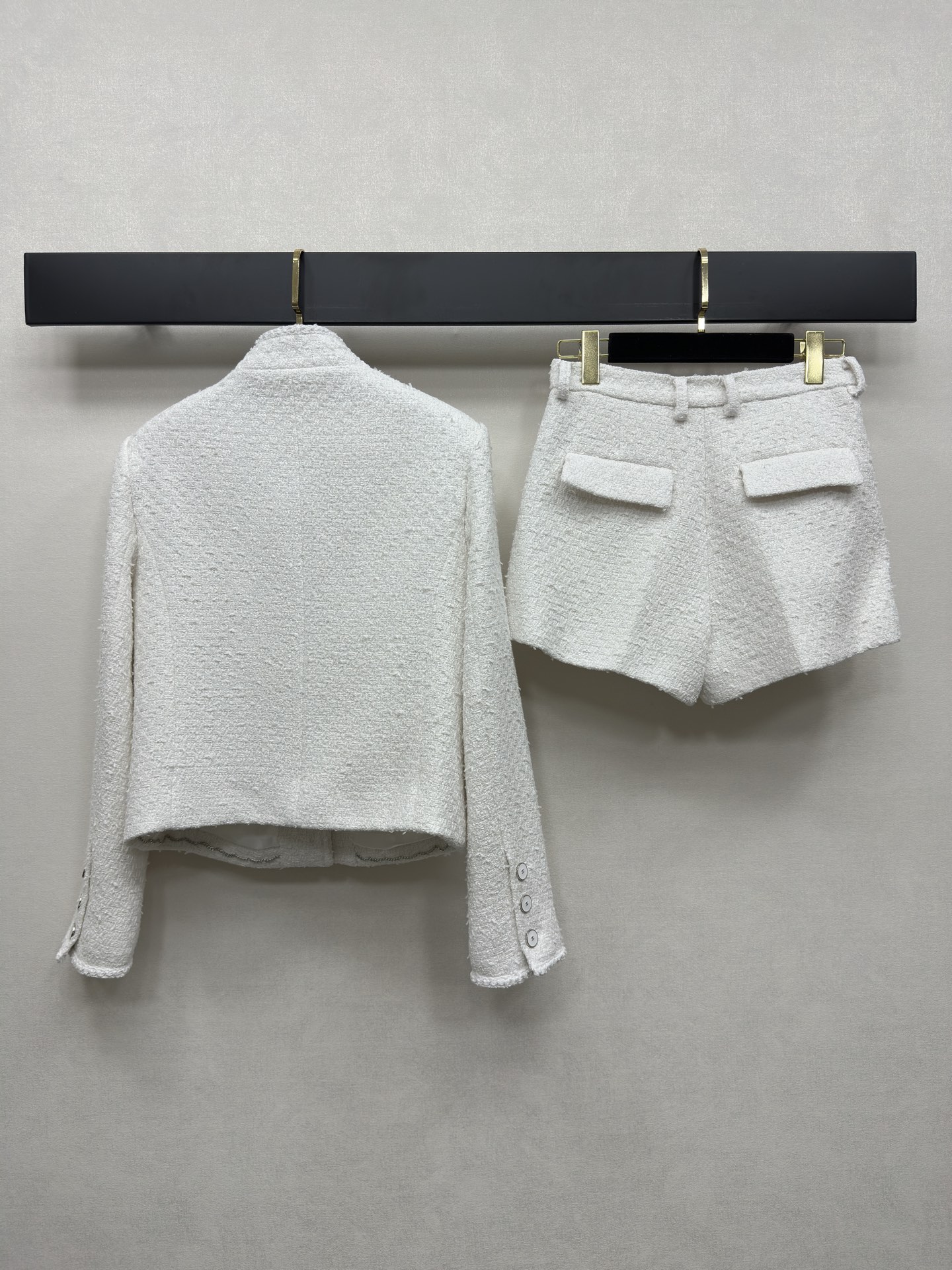 Chanel White Tweed Camellia Coat & Shorts Suit