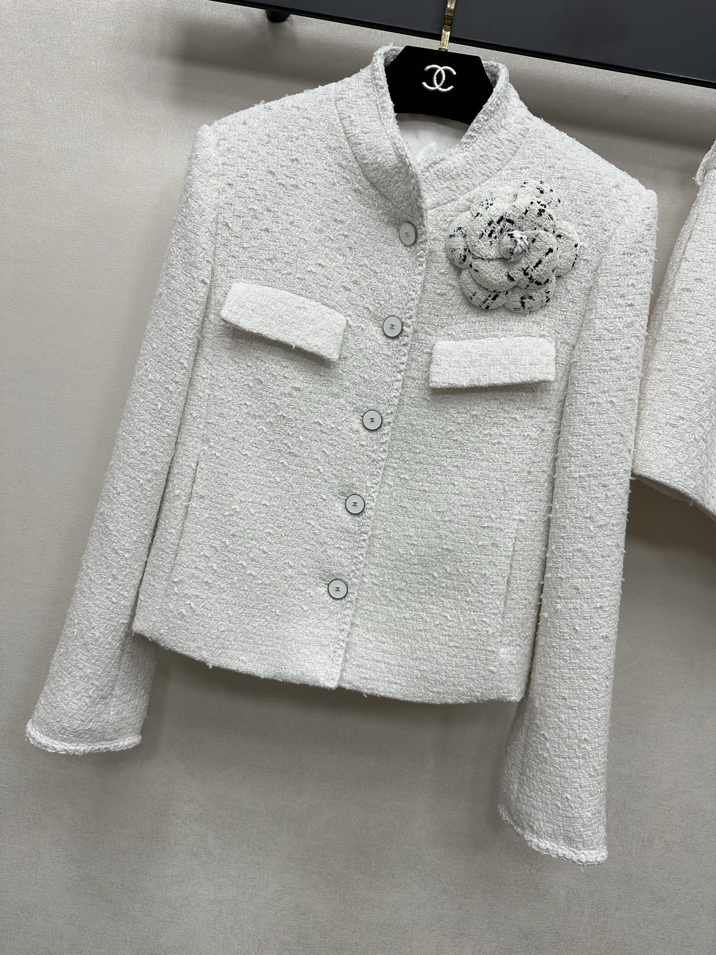 Chanel White Tweed Camellia Coat & Shorts Suit