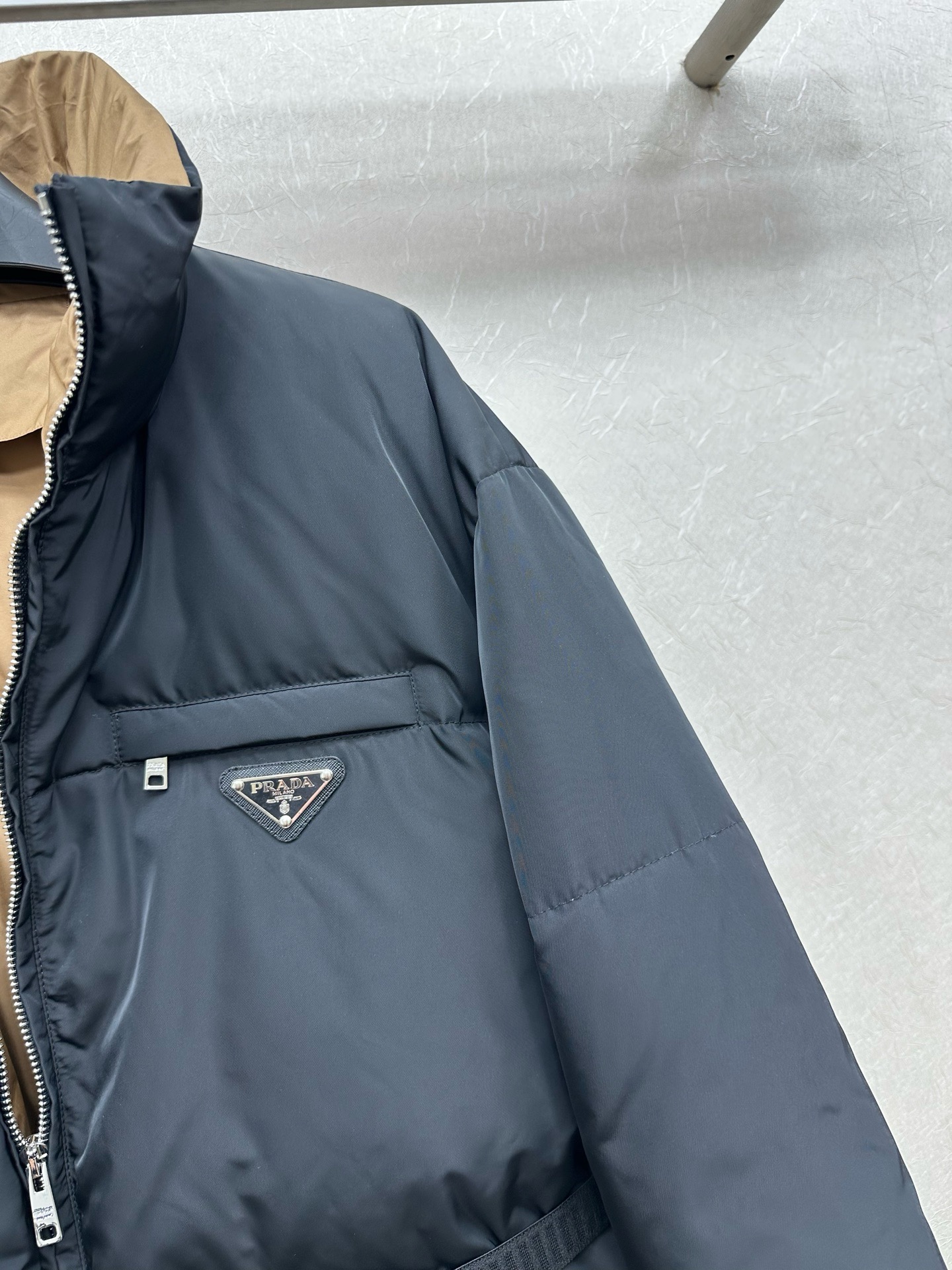 Prada Navy Belted Puffer Coat