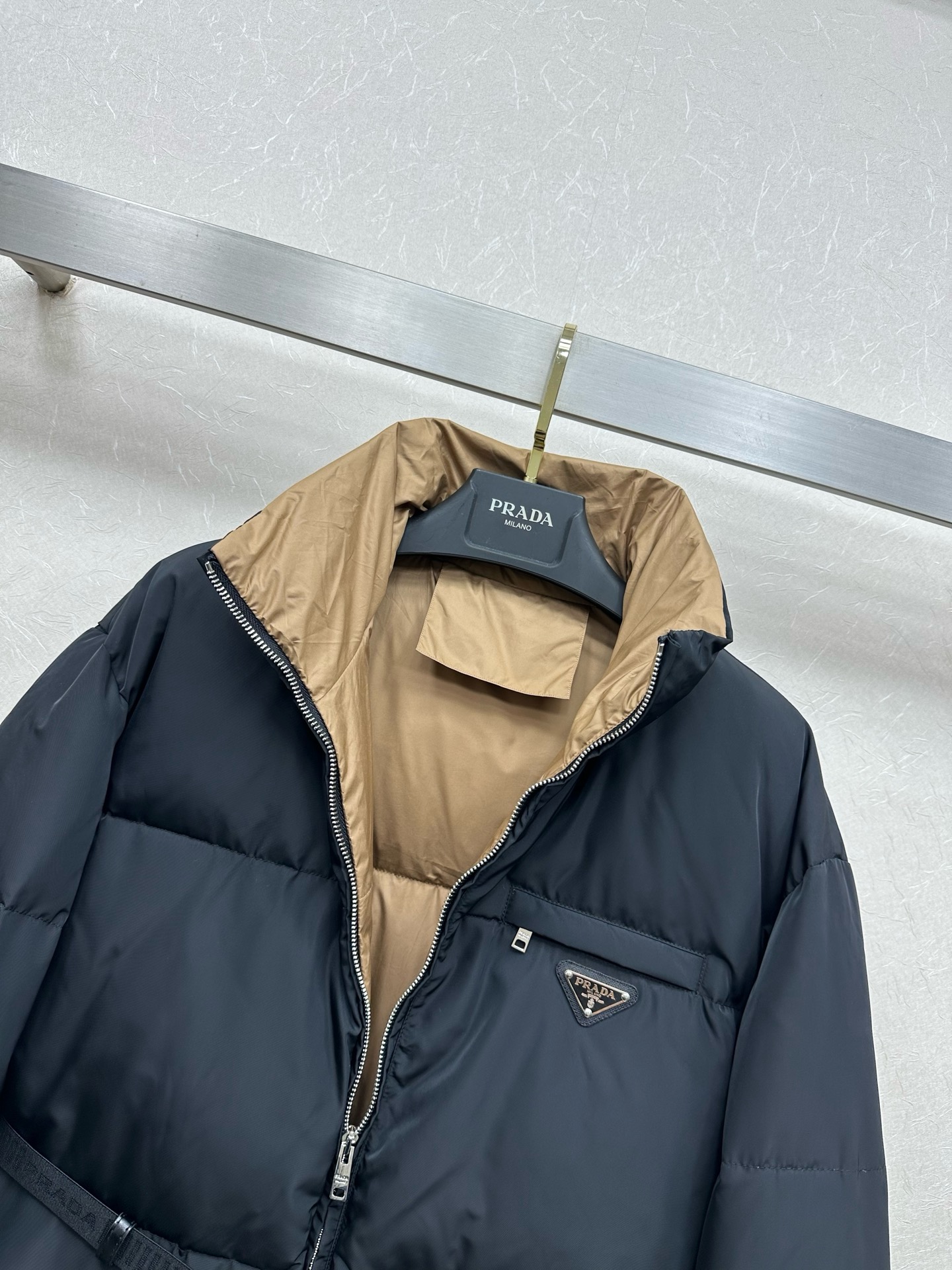 Prada Navy Belted Puffer Coat