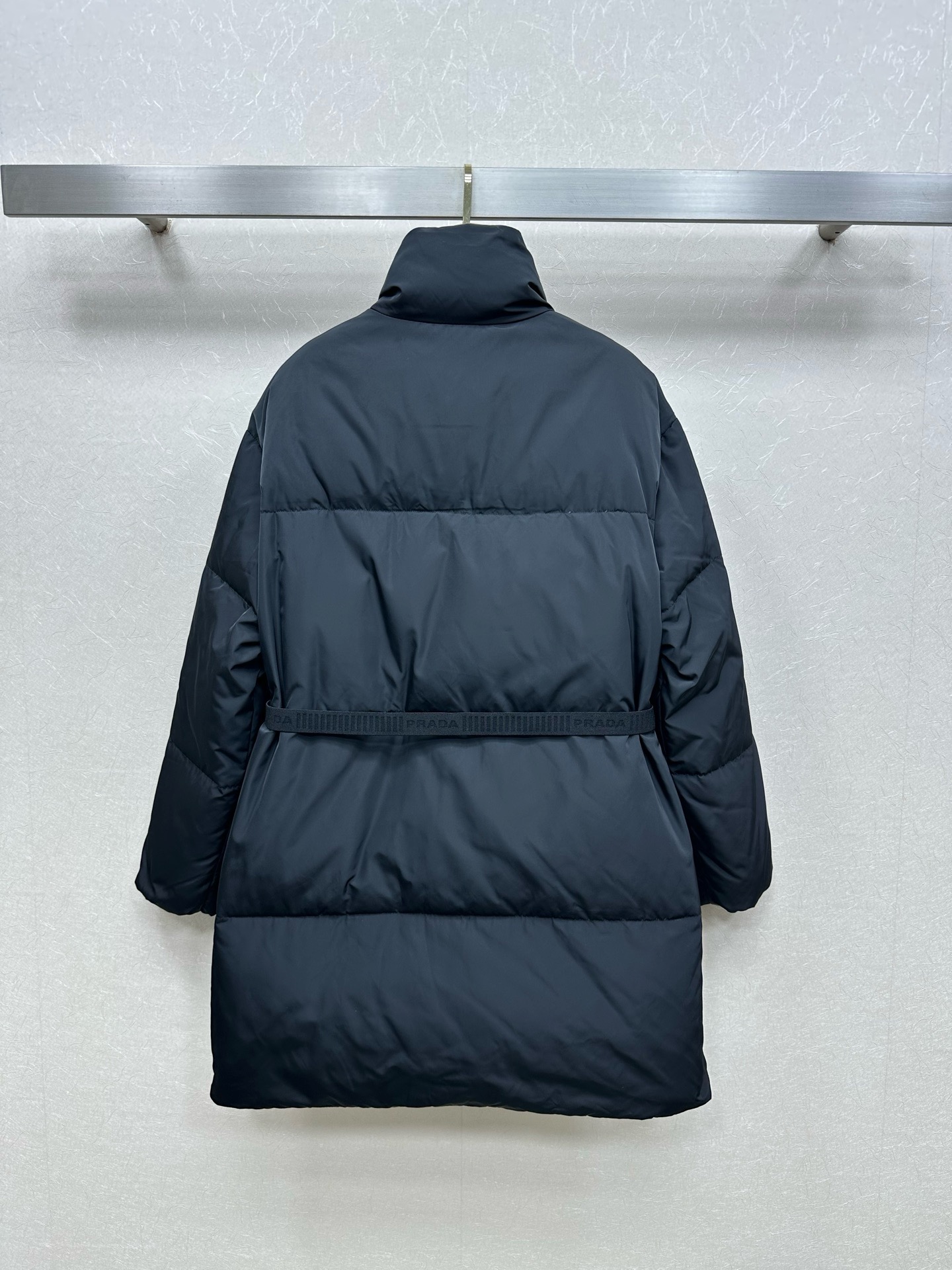 Prada Navy Belted Puffer Coat
