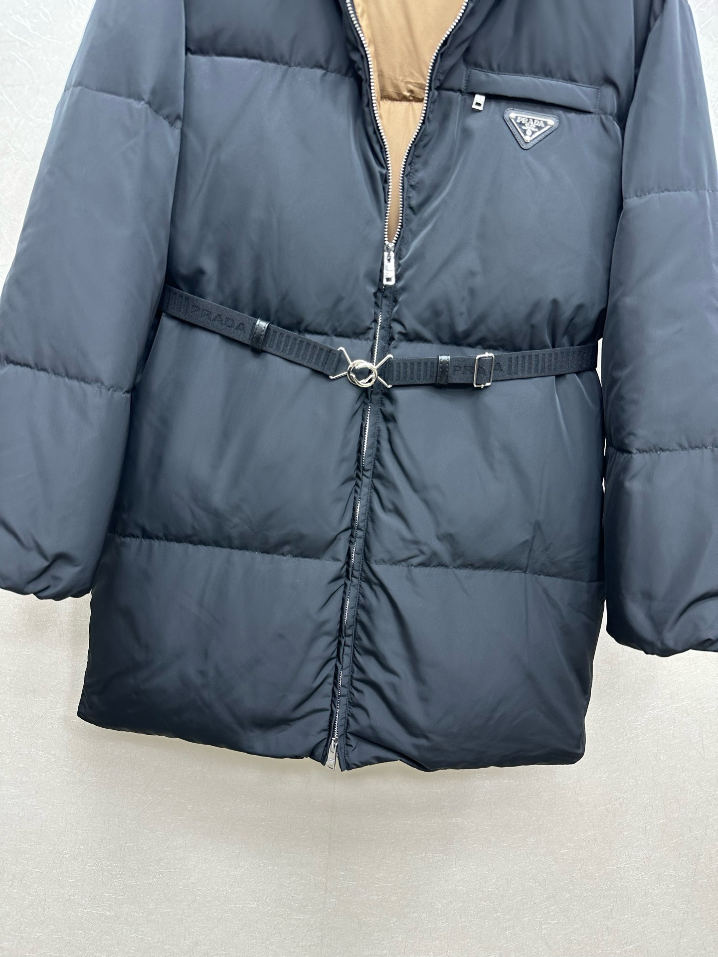 Prada Navy Belted Puffer Coat
