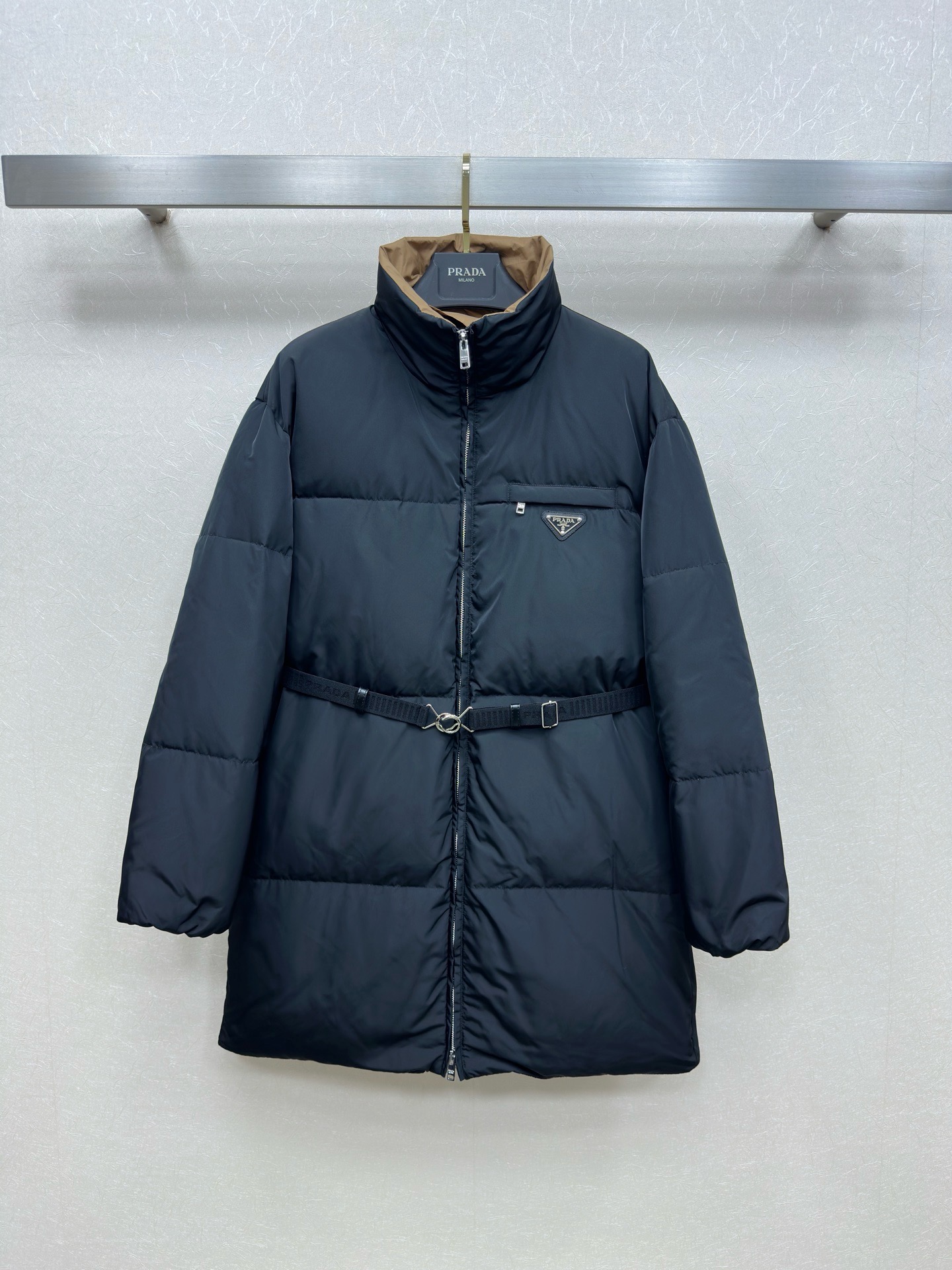 Prada Navy Belted Puffer Coat