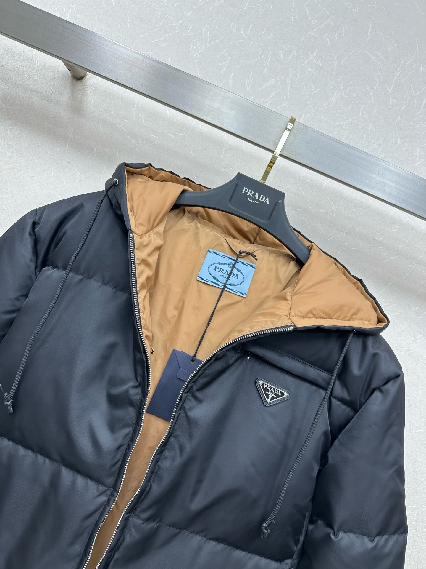 Prada Navy Contrast Hood Puffer Jacket