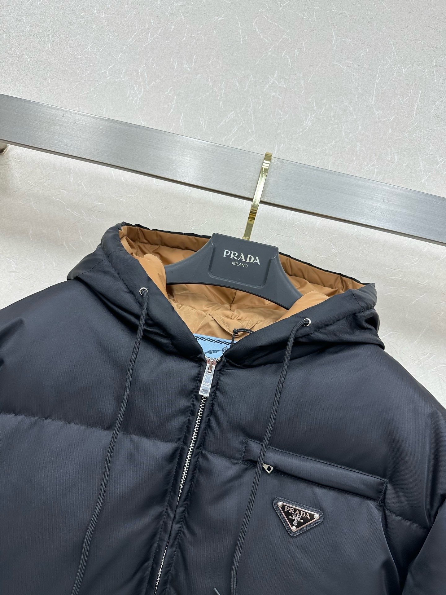 Prada Navy Contrast Hood Puffer Jacket