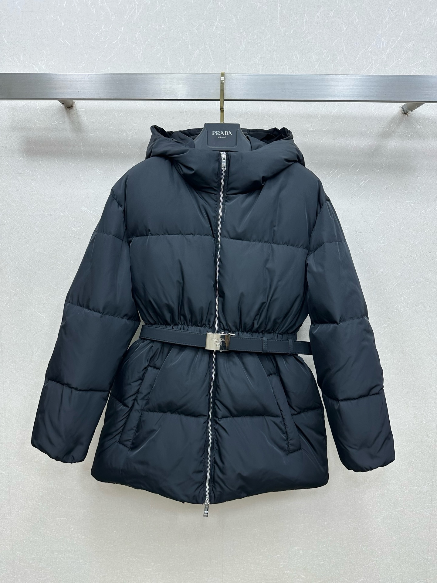 Prada Navy Belted Puffer Jacket