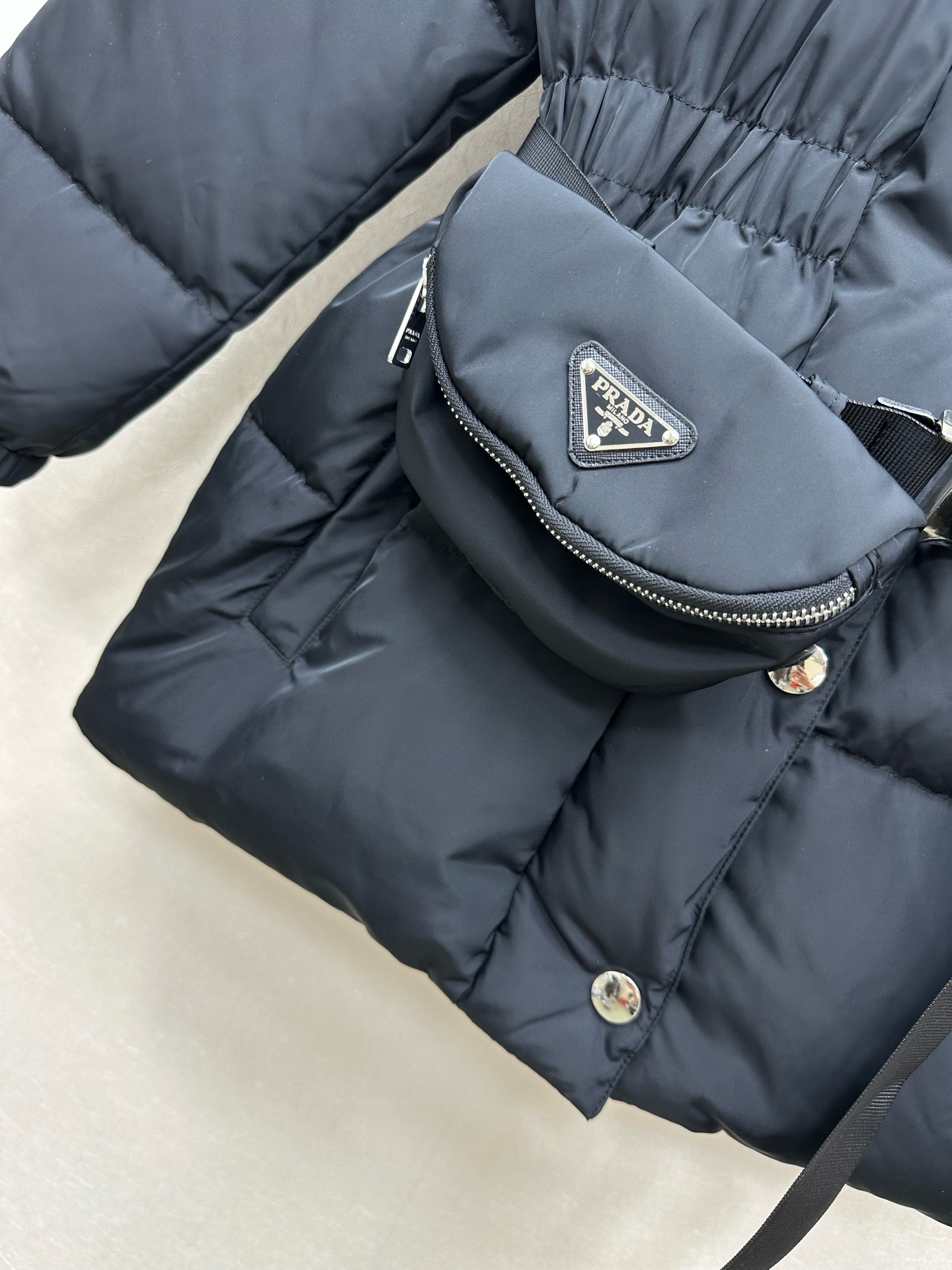 Prada Navy Pouch Belt Puffer Jacket