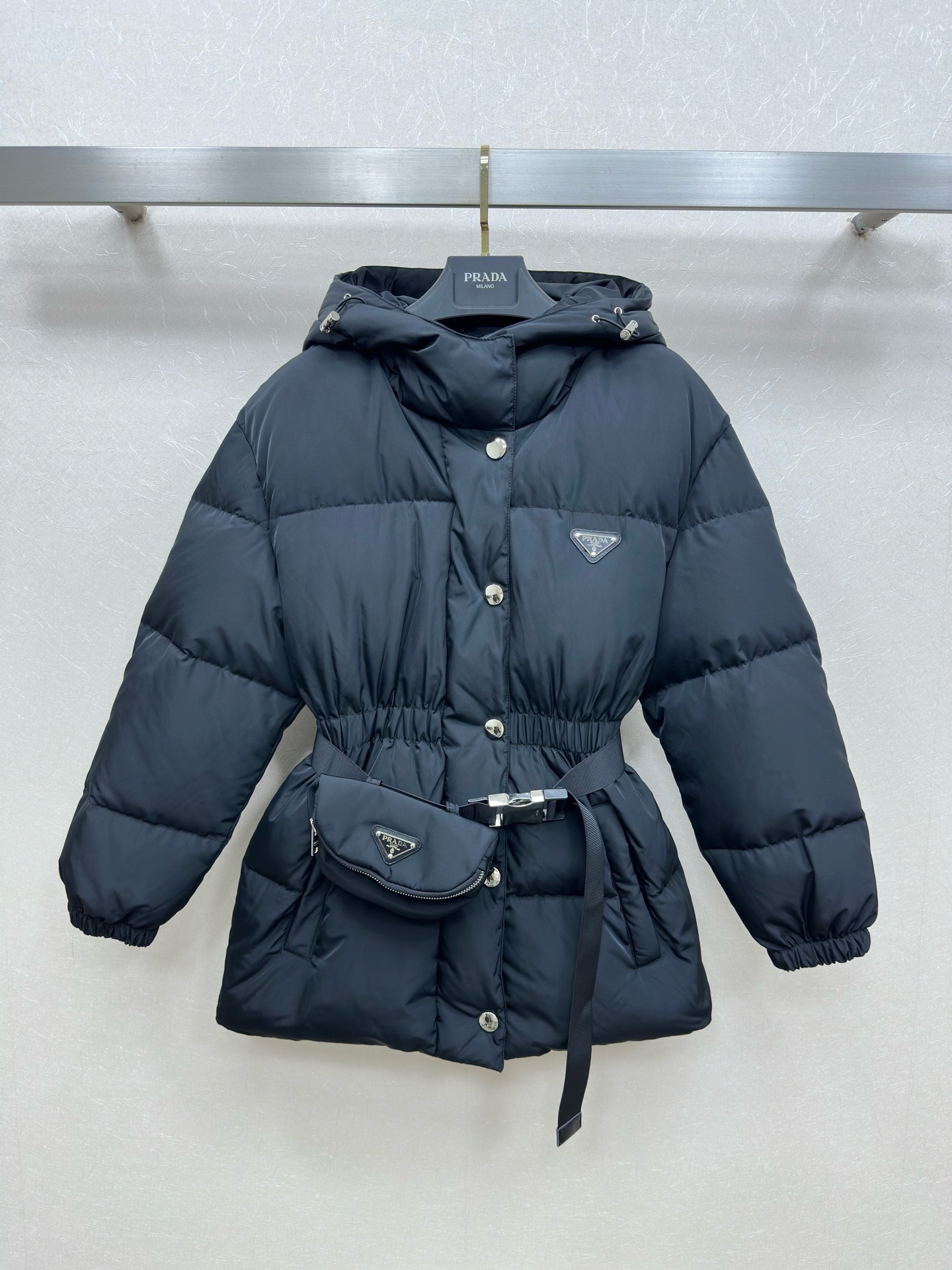 Prada Navy Pouch Belt Puffer Jacket