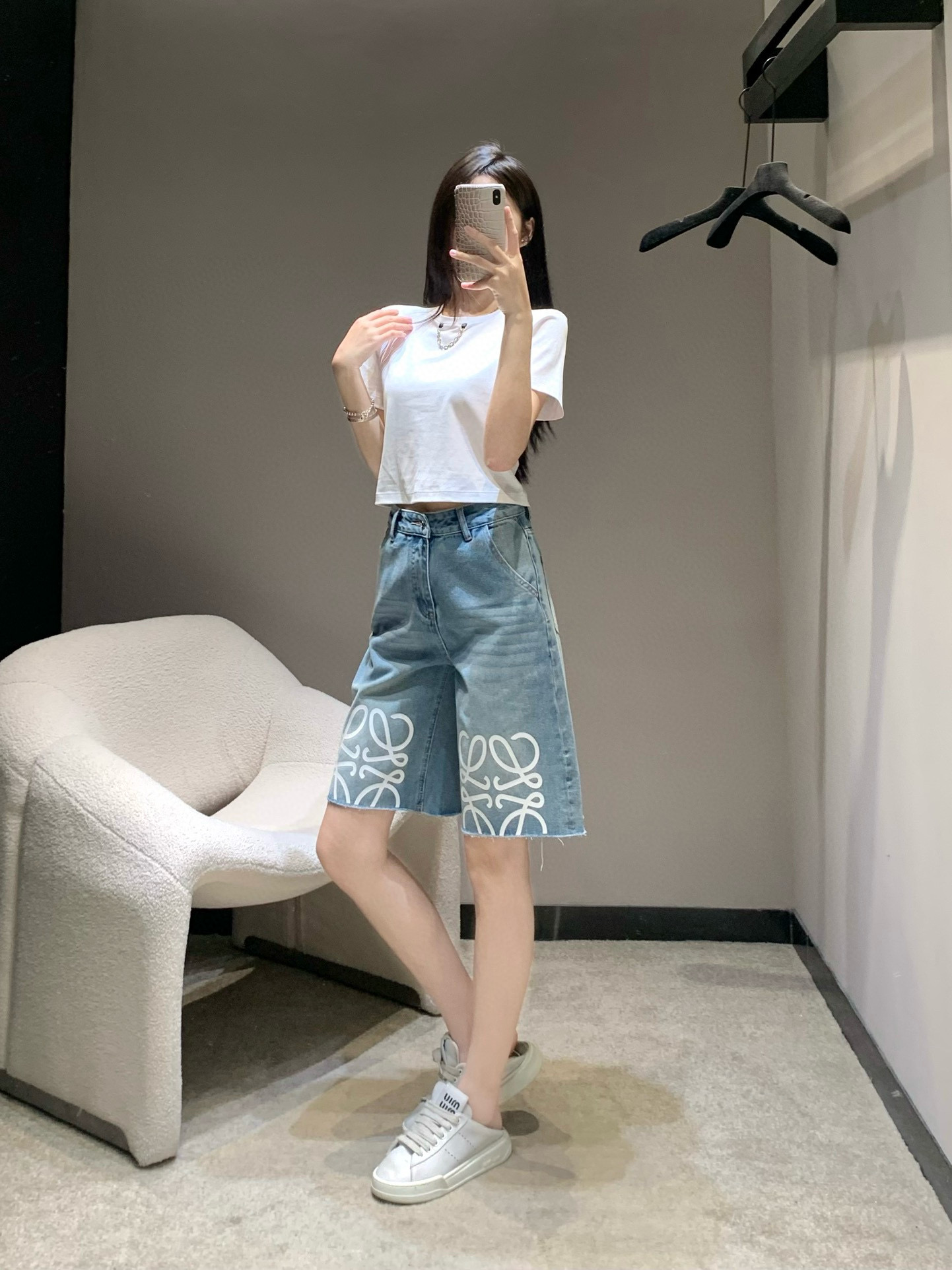 Loewe Women's Denim Shorts, Spring/Summer Collection, Distressed Hem, Logo Print 1 i1745955079199 4809 0 1