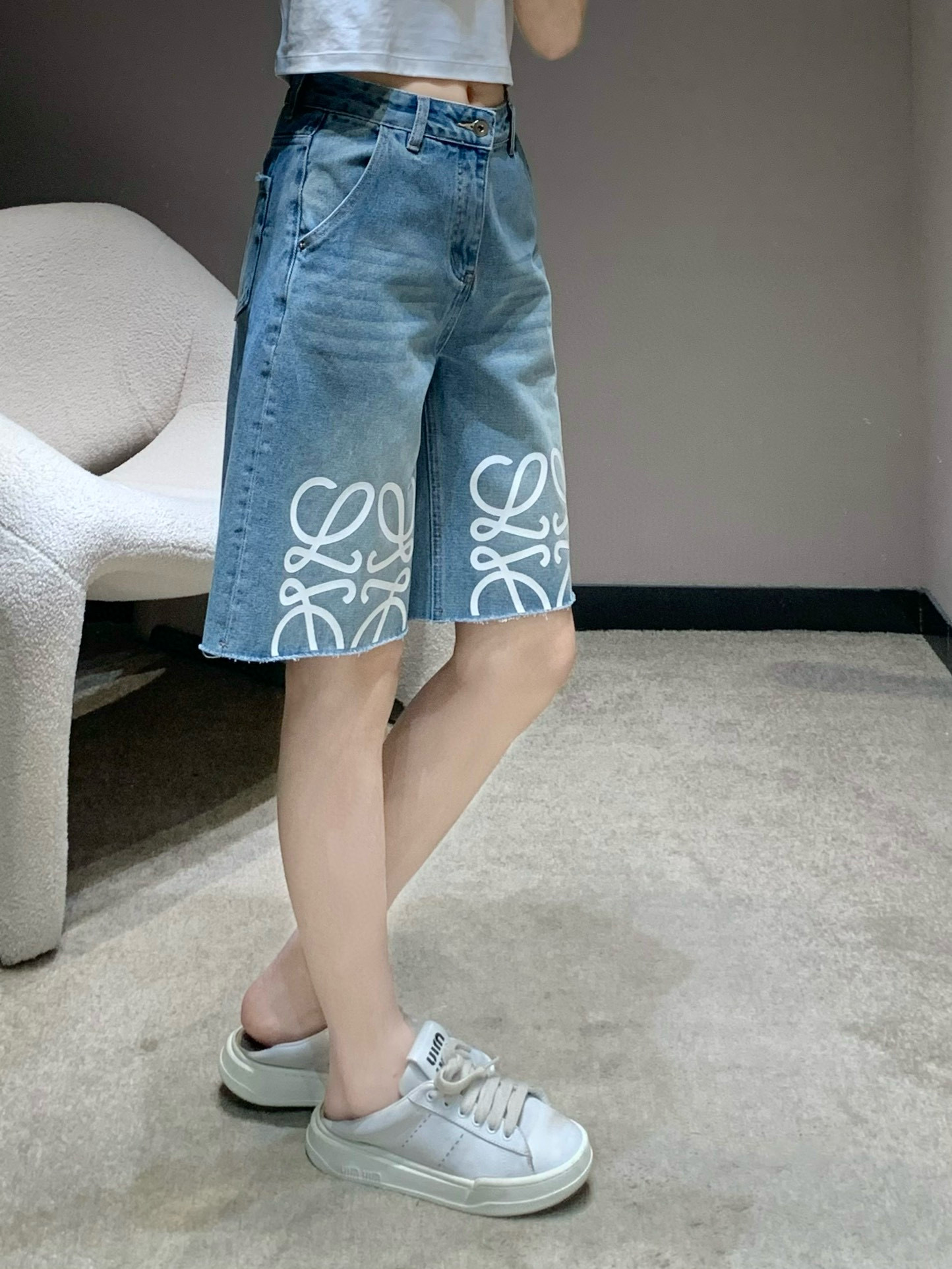 Loewe Women's Denim Shorts, Spring/Summer Collection, Distressed Hem, Logo Print 3 i1745955300738 8659 0 2