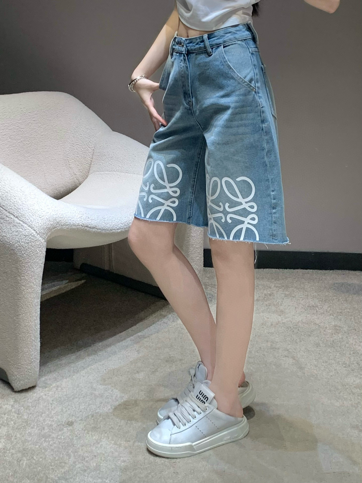 Loewe Women's Denim Shorts, Spring/Summer Collection, Distressed Hem, Logo Print 6 i1745955306313 3790 0 5