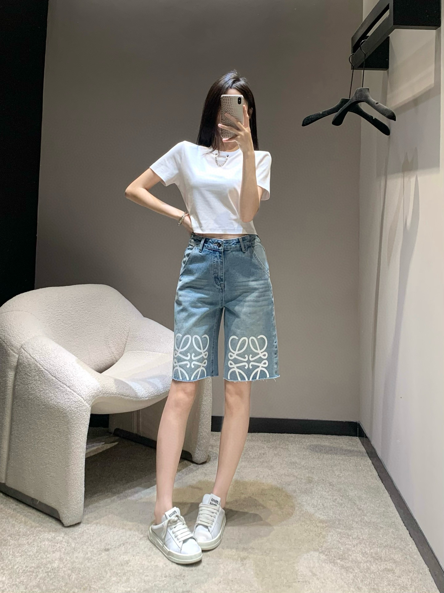 Loewe Women's Denim Shorts, Spring/Summer Collection, Distressed Hem, Logo Print 2 i1745955306313 7660 0 0