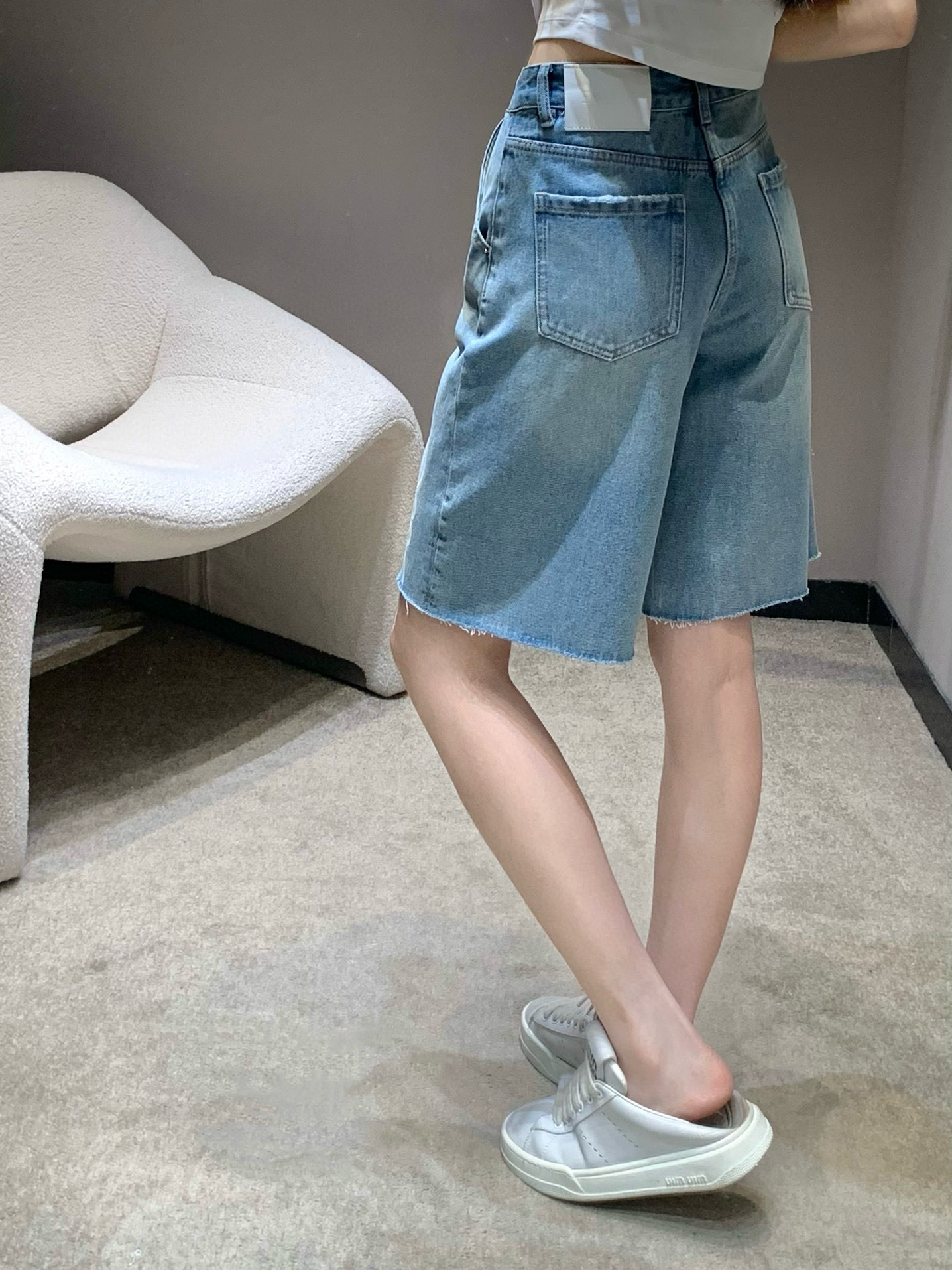 Loewe Women's Denim Shorts, Spring/Summer Collection, Distressed Hem, Logo Print 5 i1745955306446 7053 0 4