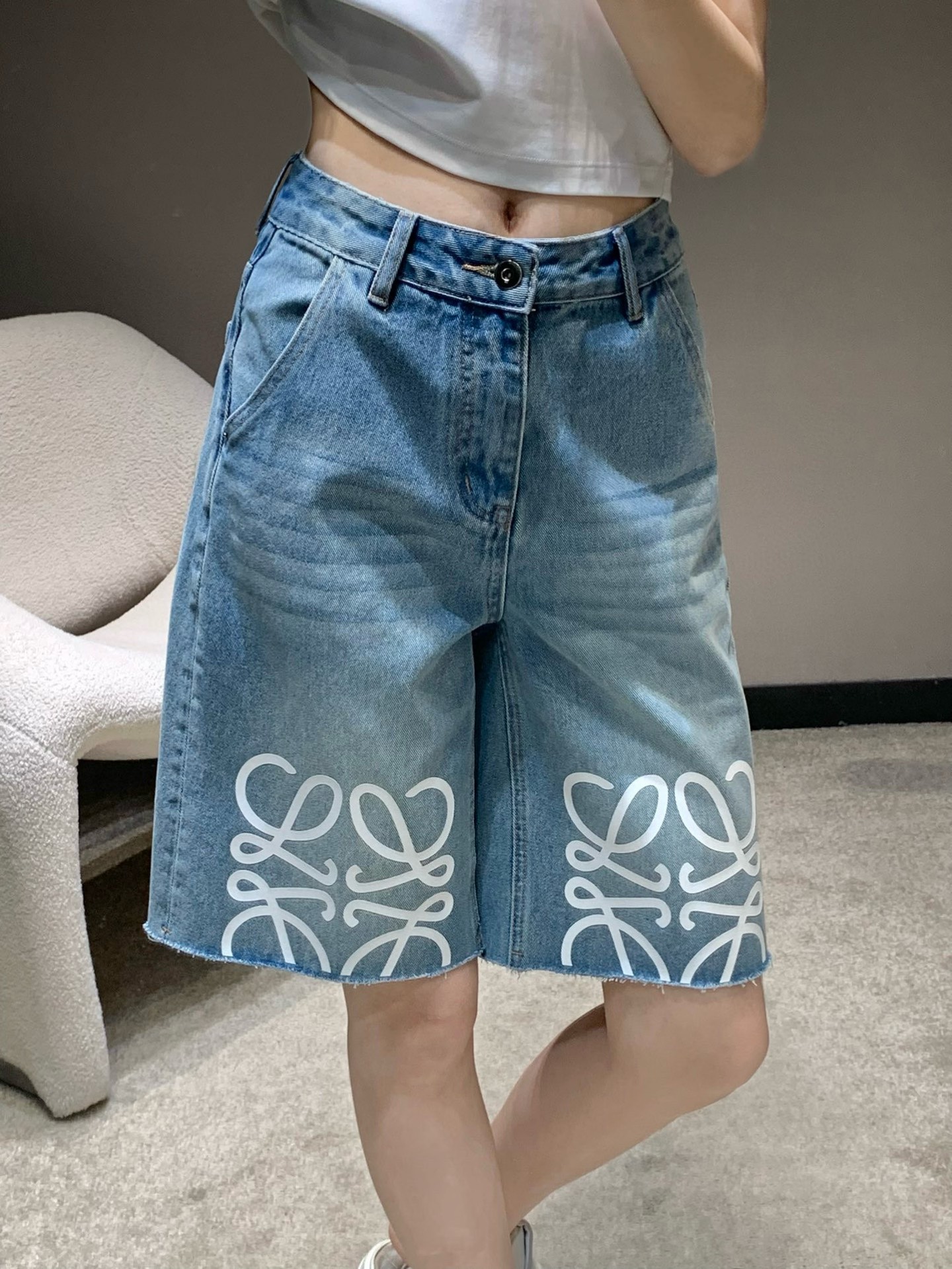 Loewe Women's Denim Shorts, Spring/Summer Collection, Distressed Hem, Logo Print 4 i1745955322673 1622 0 3