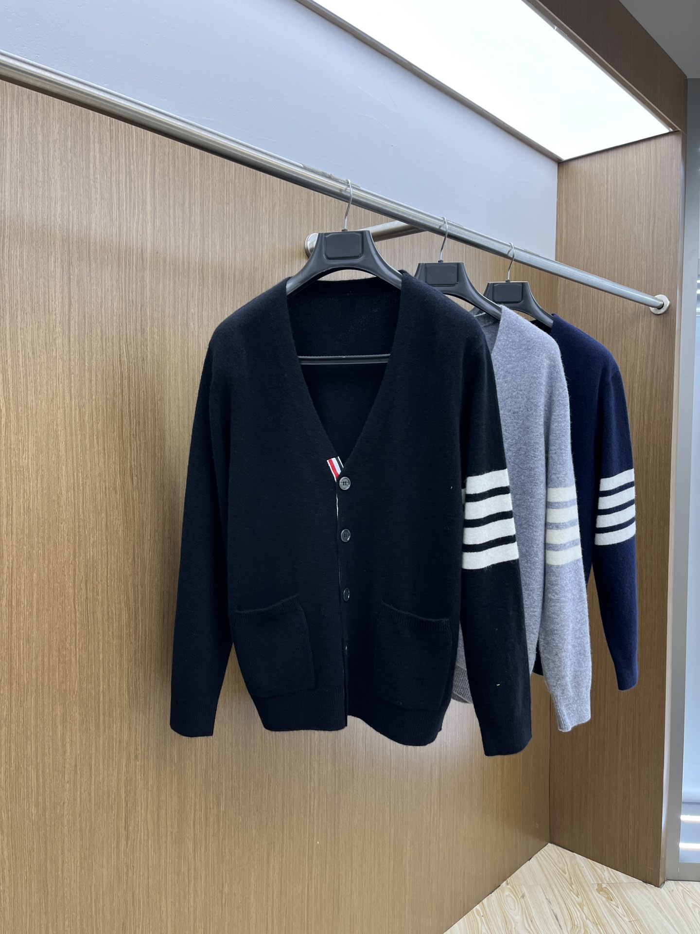 Thom Browne Clothing Cardigans Blue Dark Grey White Polishing Unisex Cashmere Knitting Wool Fall/Winter Collection Fashion