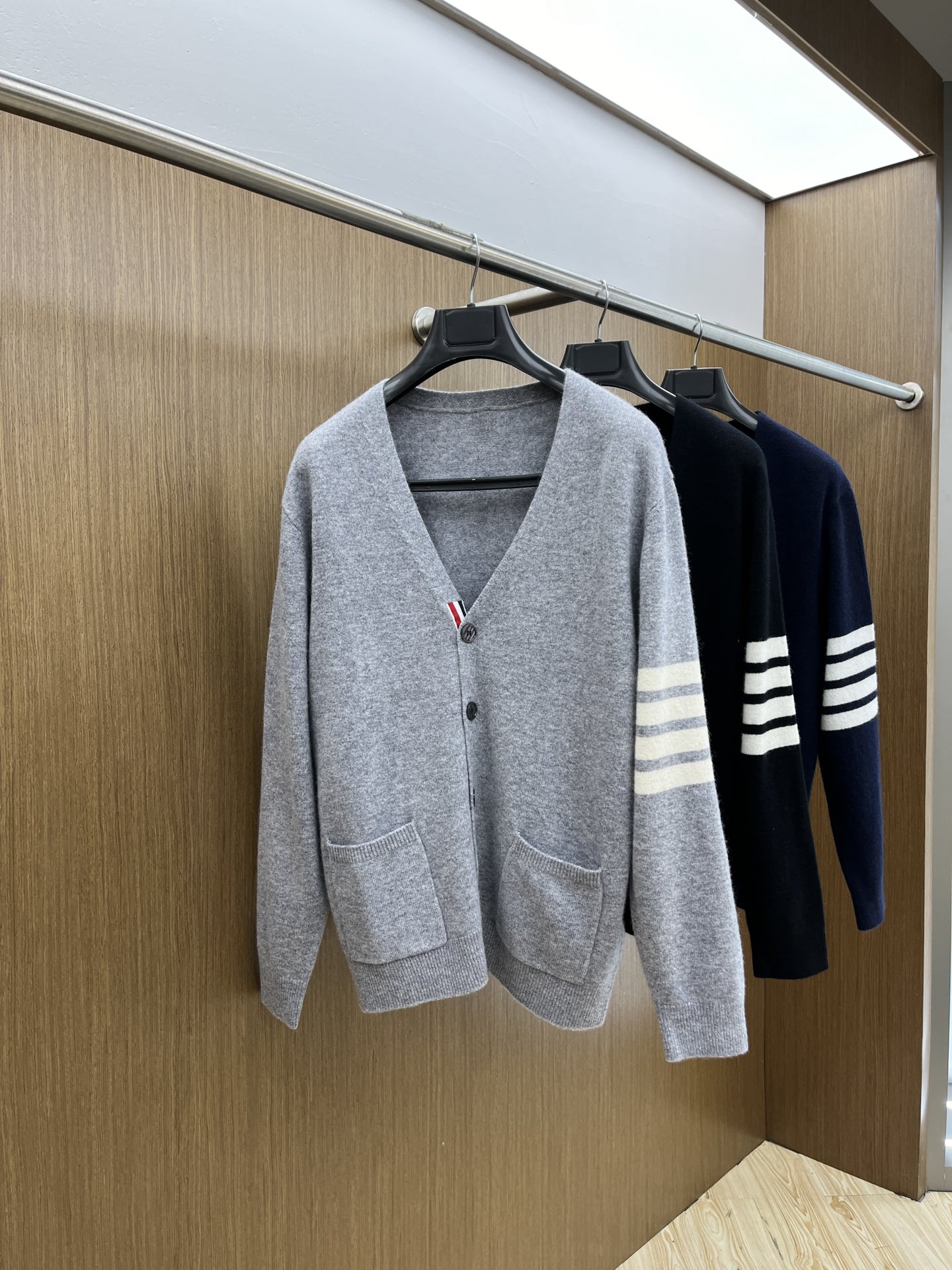 Thom Browne Clothing Cardigans Blue Dark Grey White Polishing Unisex Cashmere Knitting Wool Fall/Winter Collection Fashion