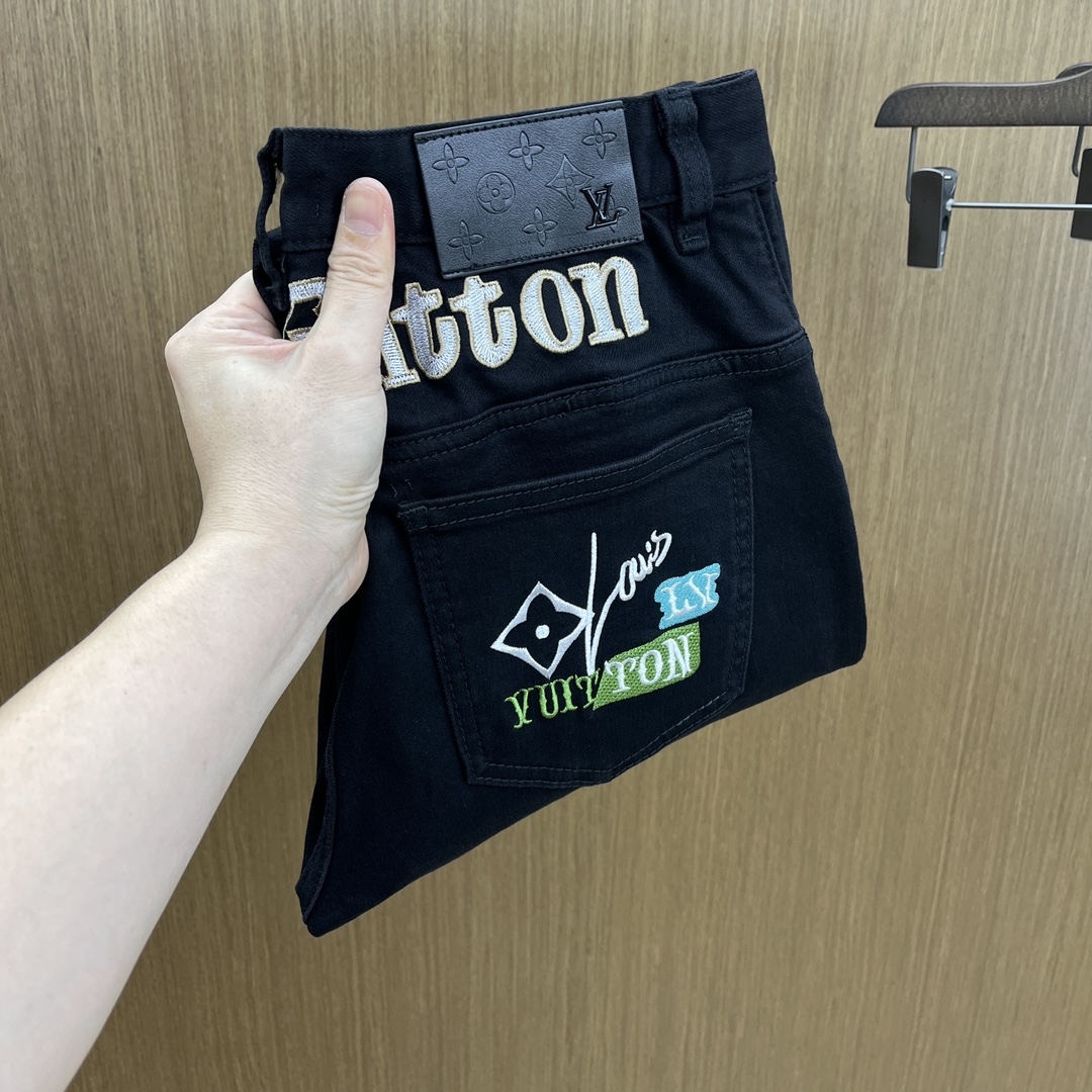 Louis Vuitton Black Denim Jeans with Embroidered Logo, Slim Fit