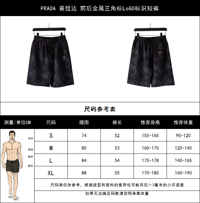 PRADA 普拉达 前后金属三角标LoGO标识短裤