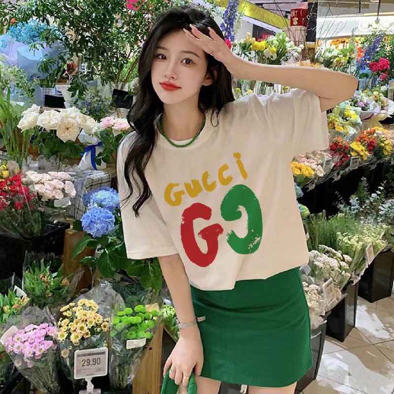 模特上身效果 Gucci/古驰 24SS经典双G红绿字母logo图案短袖618@
