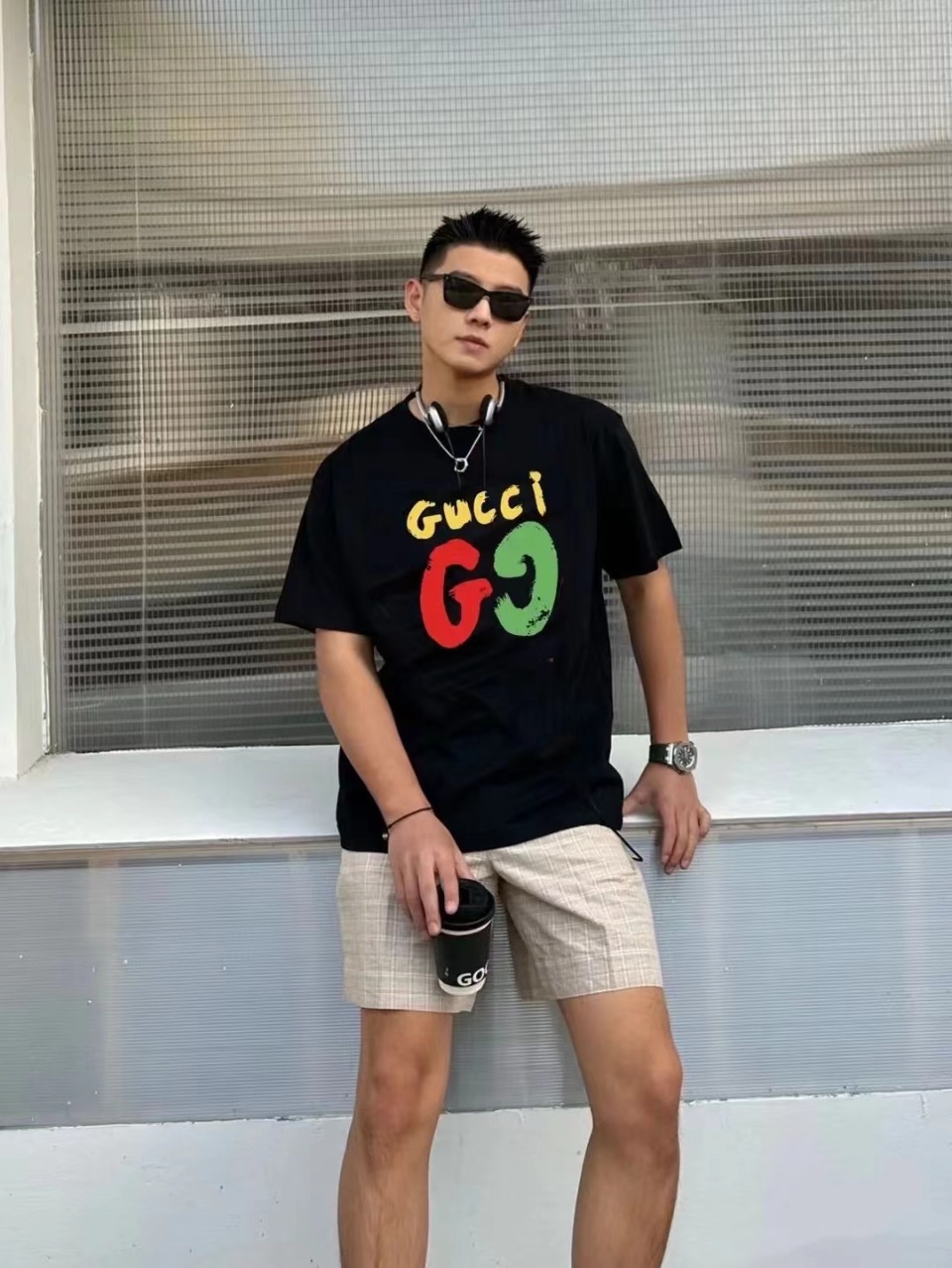 模特上身效果 Gucci/古驰 24SS经典双G红绿字母logo图案短袖618@