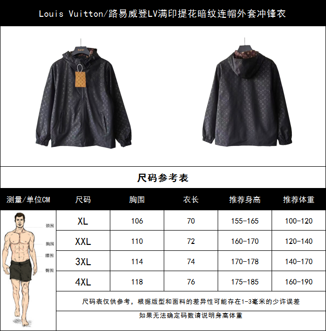 Louis Vuitton/路易威登LV满印提花暗纹连帽外套冲锋衣