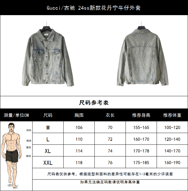 Gucci/古驰 24ss新款花丹宁牛仔外套 浅蓝色和象牙白色