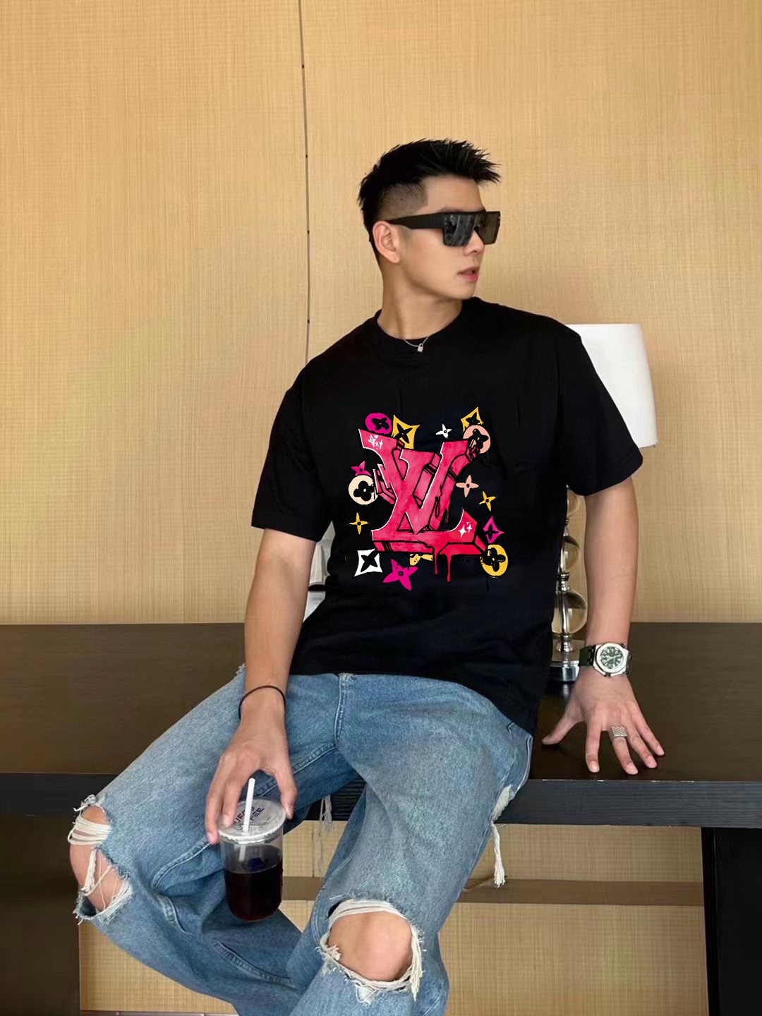 模特上身效果 Louis Vuit*on/路易威登 24S红L八方来财logo短袖 T桖