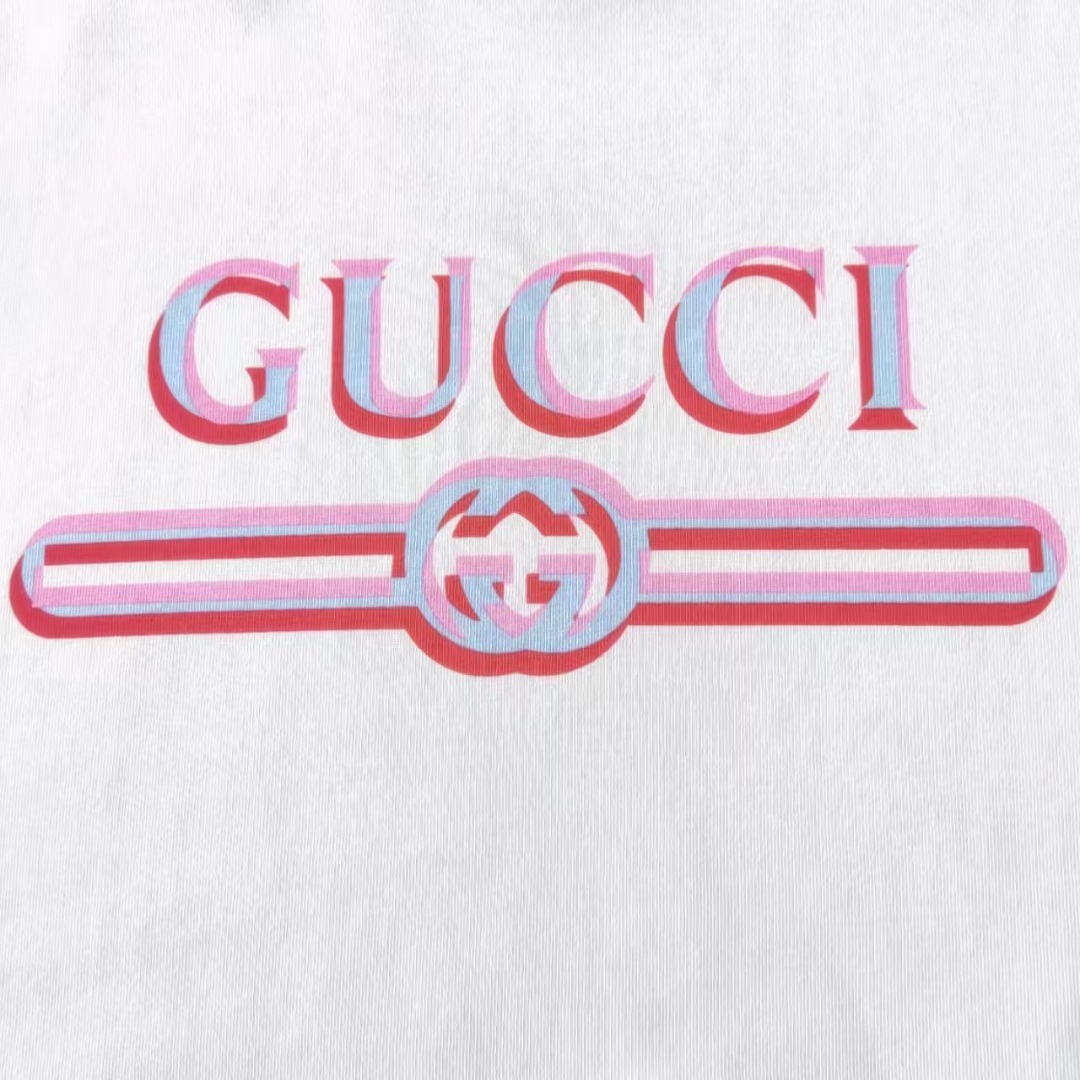 Gucci古驰 粉色条纹logo印花圆领短袖