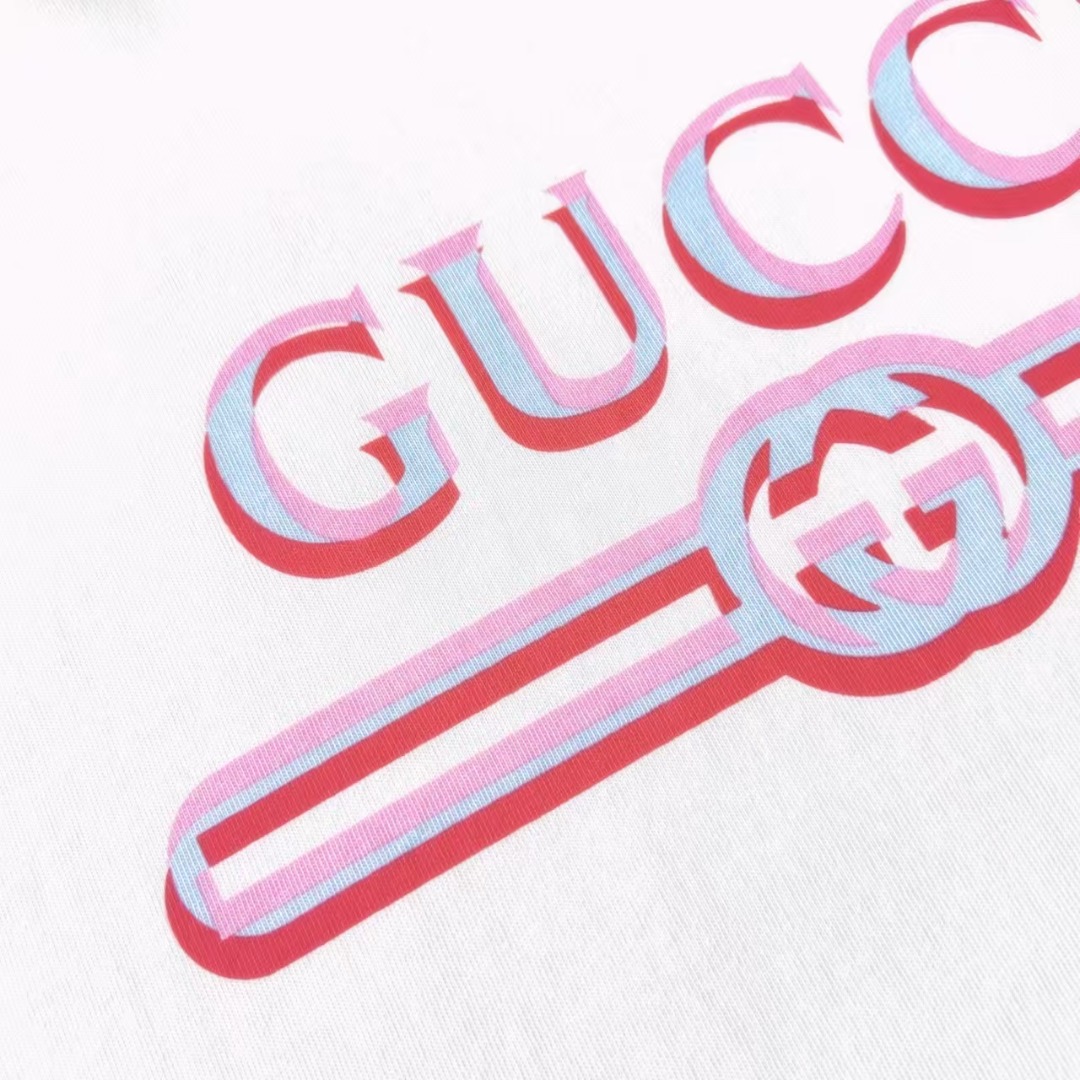 Gucci古驰 粉色条纹logo印花圆领短袖