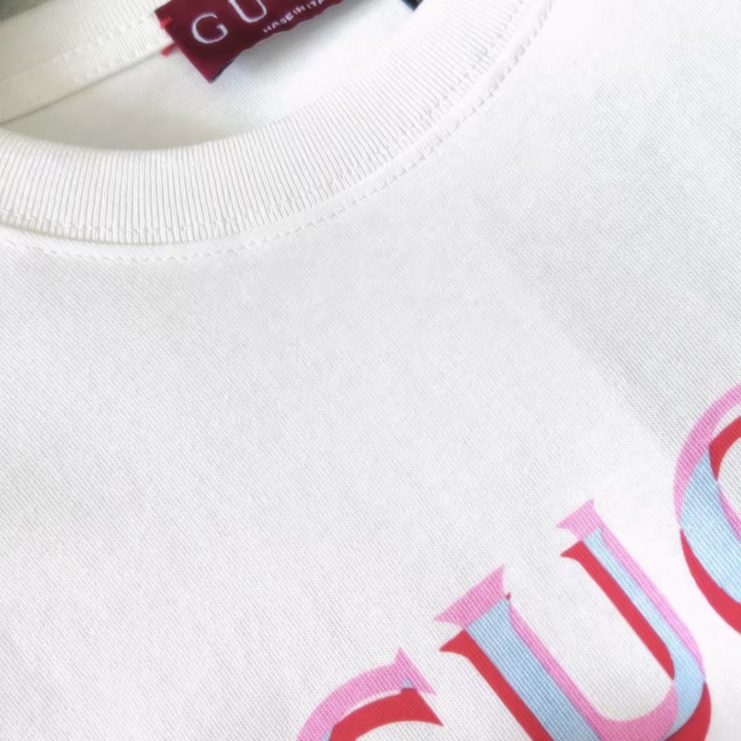 Gucci古驰 粉色条纹logo印花圆领短袖