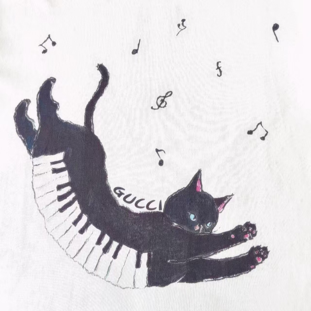 Gucci古驰 趣味卡通钢琴猫圆领短袖 【无感印花】早春系列高克重短袖