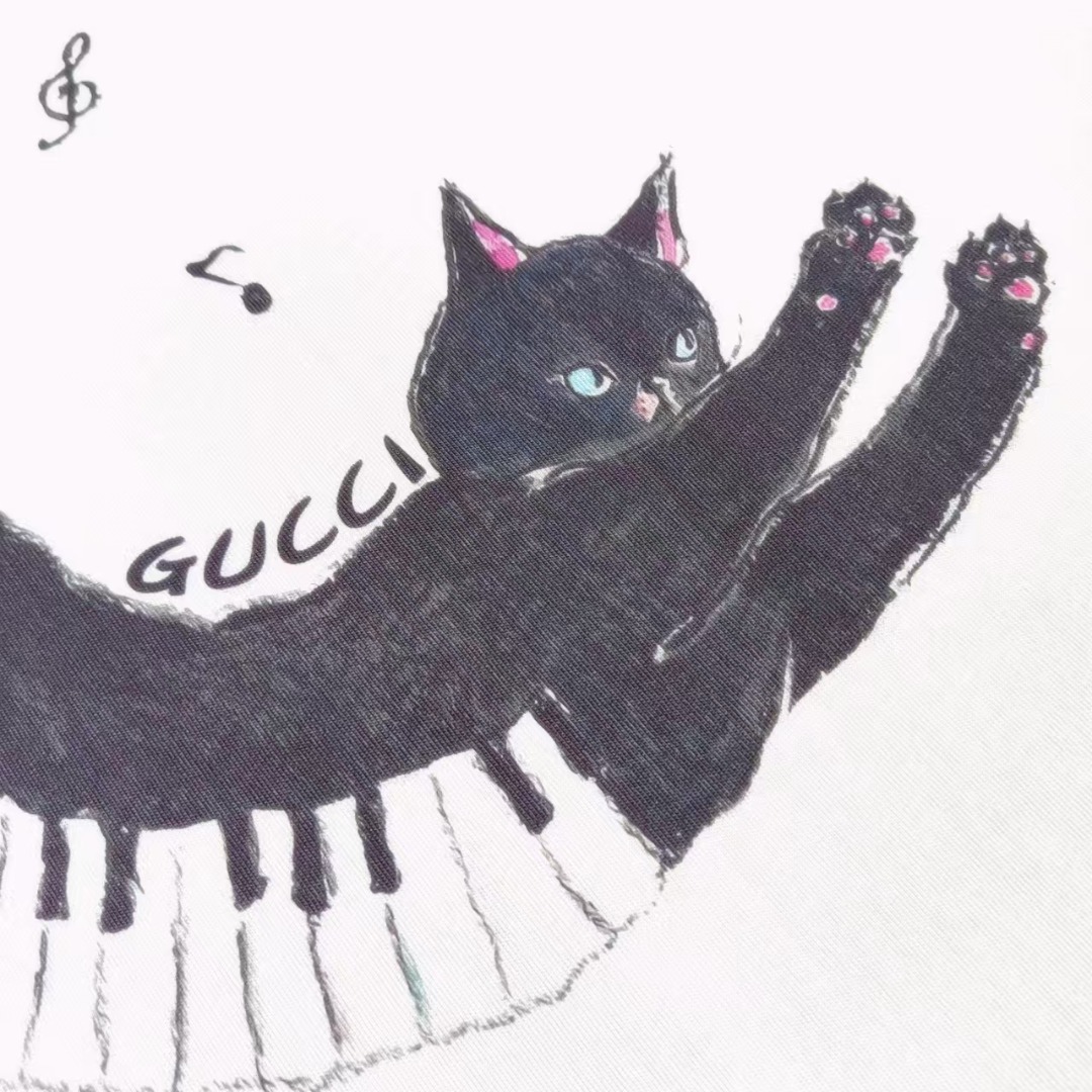 Gucci古驰 趣味卡通钢琴猫圆领短袖 【无感印花】早春系列高克重短袖