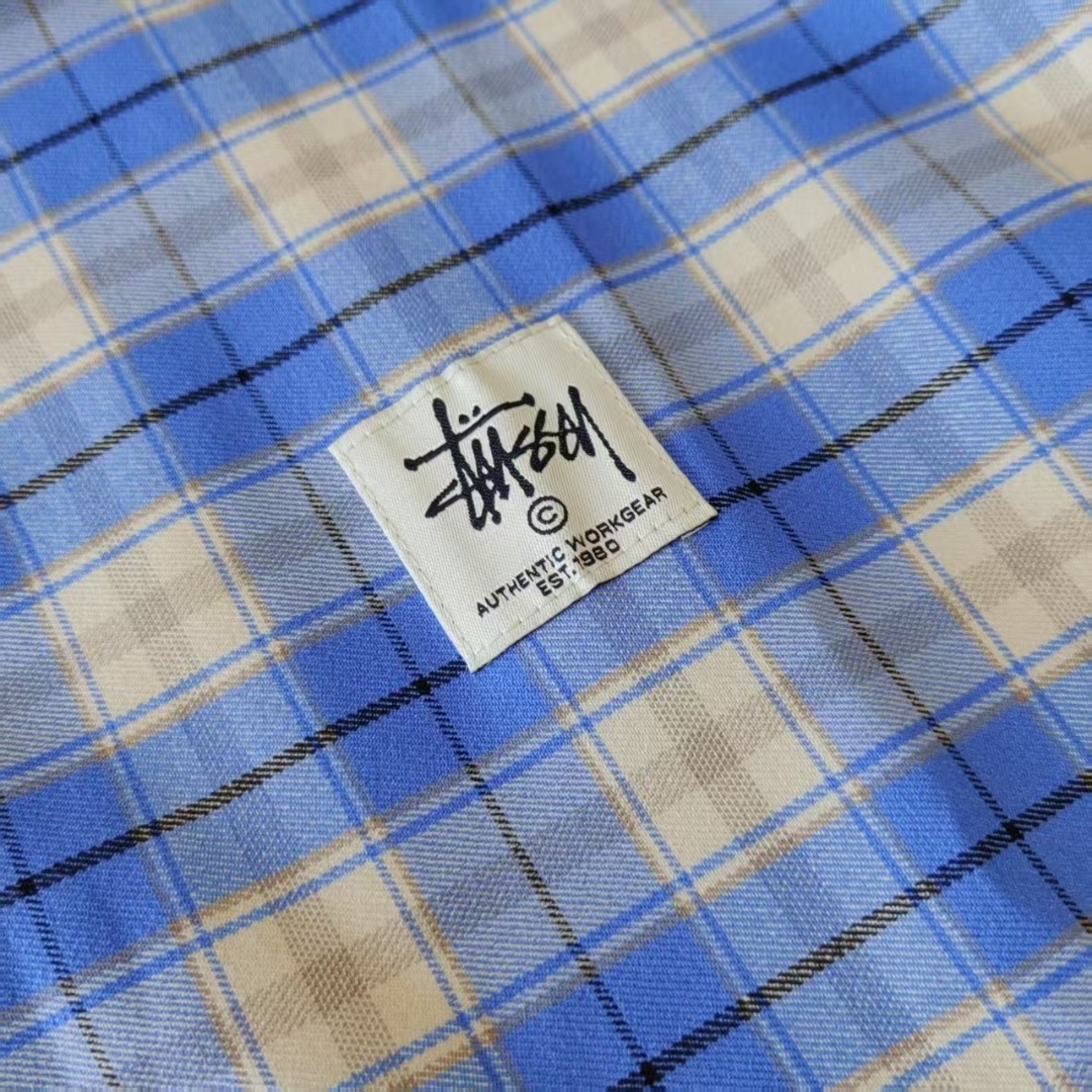 Stussy 斯图西蓝色对格夹克外套翻领宽松教练夹克外套