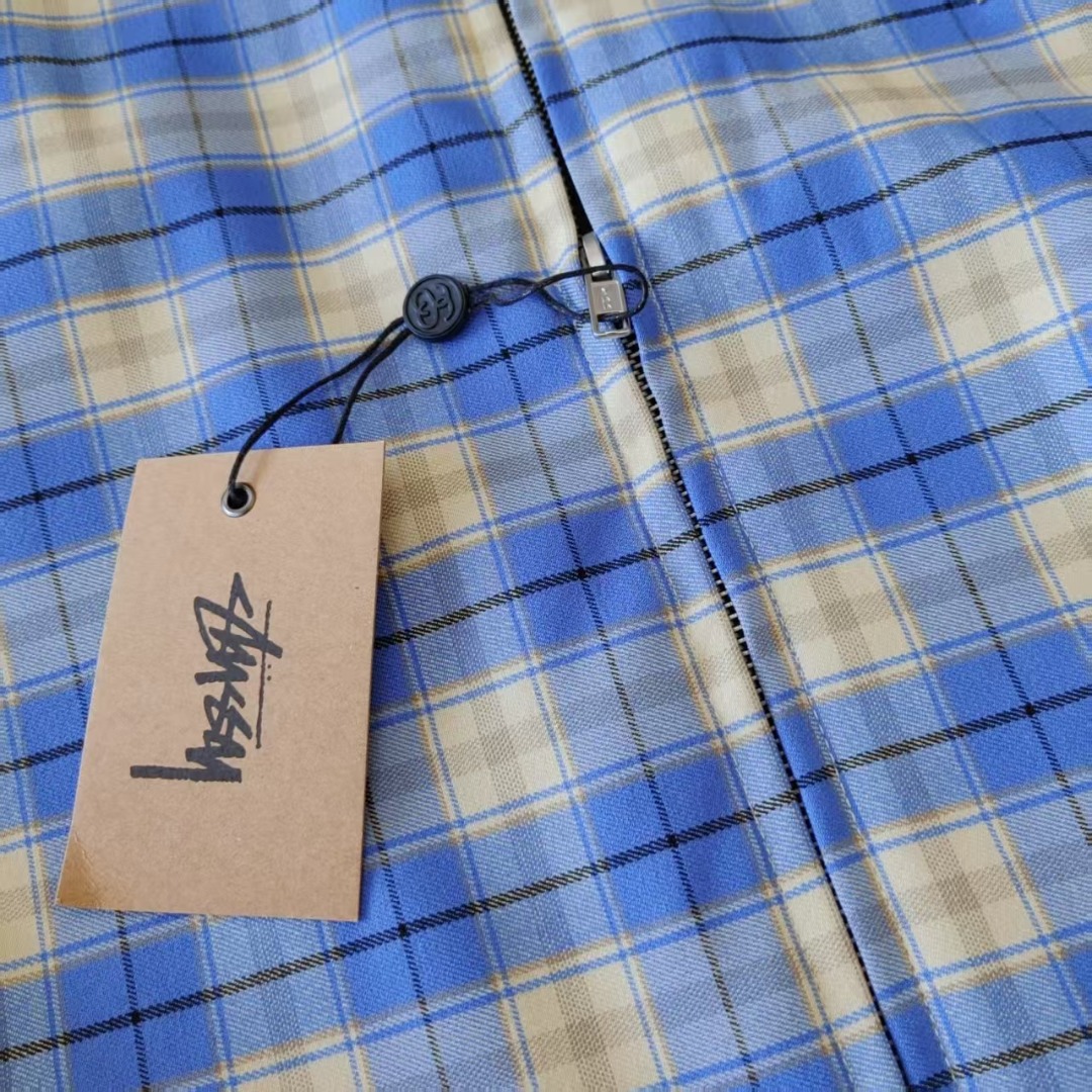 Stussy 斯图西蓝色对格夹克外套翻领宽松教练夹克外套