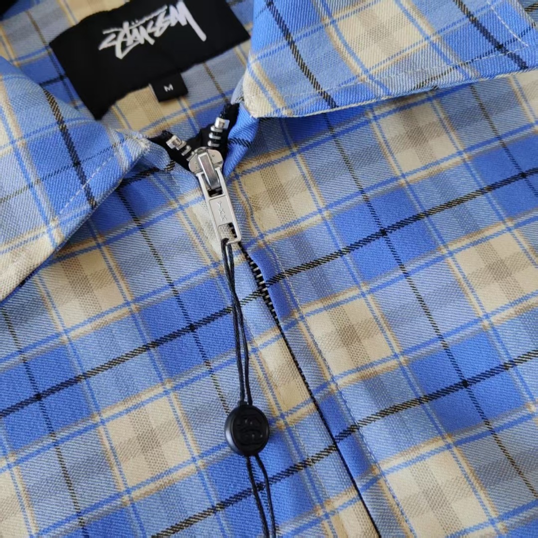 Stussy 斯图西蓝色对格夹克外套翻领宽松教练夹克外套