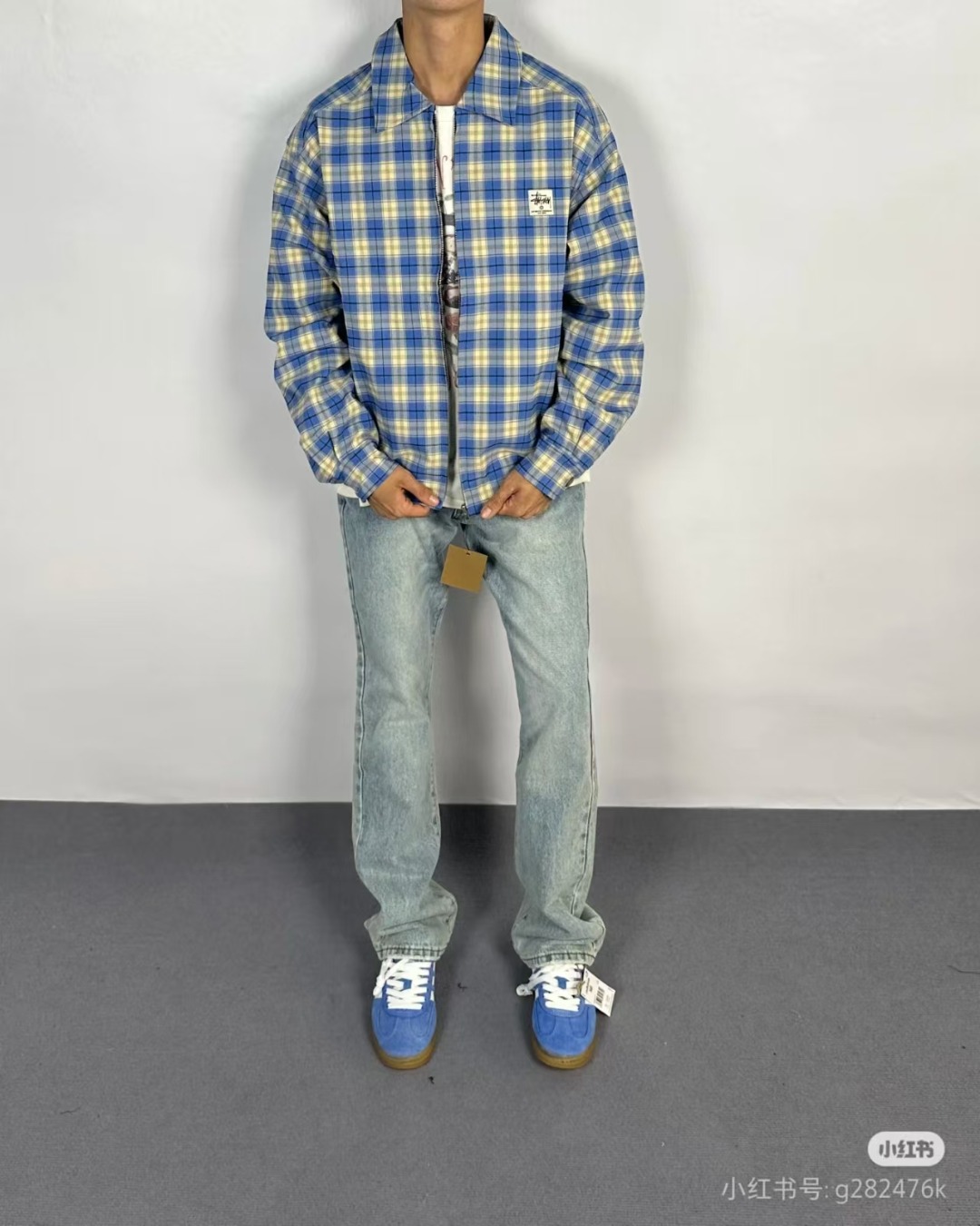 模特上身效果 Stussy 斯图西蓝色对格夹克外套