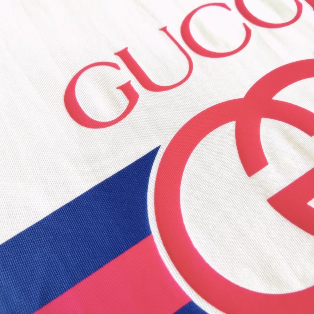 GUCCI/古驰 蓝红条纹双Glogo印花短袖