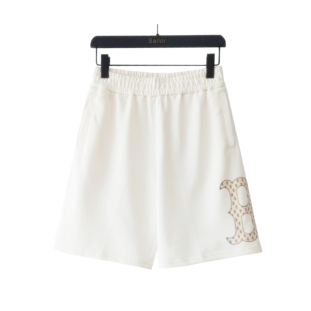 MLB 大logo字母印花短裤奶油色 黑色