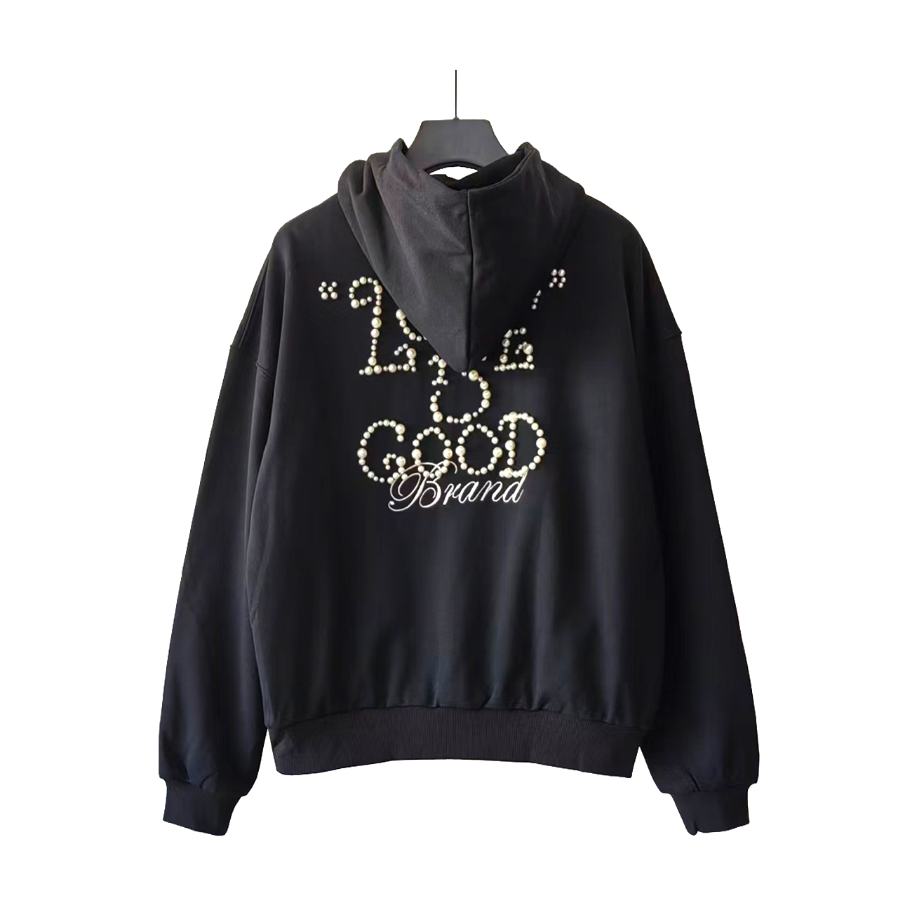 GOODBRAND 珍珠标语宽松拉链开衫连帽卫衣长袖外套 黑色 酒红色