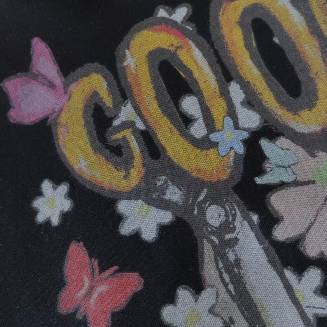 GOODBRAND 蝴蝶鲜花与剪刀蜡笔画连帽卫衣 黑色 灰色