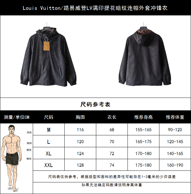 Louis Vuitton/路易威登LV满印提花暗纹连帽外套冲锋衣