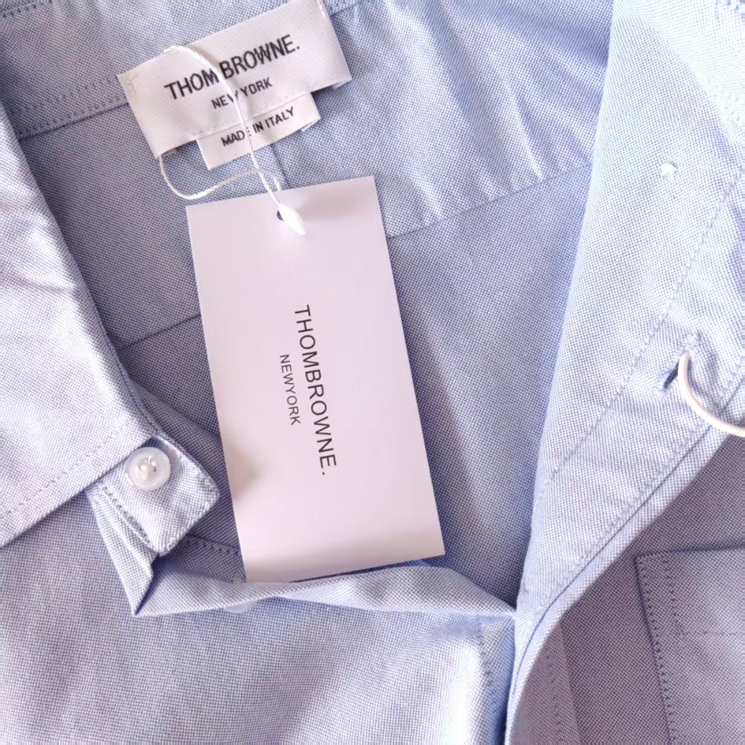 实拍细节图 THOM BROWNE 汤姆布朗 经典新款袖子红白蓝条纹斜纹牛津纺长袖衬衣