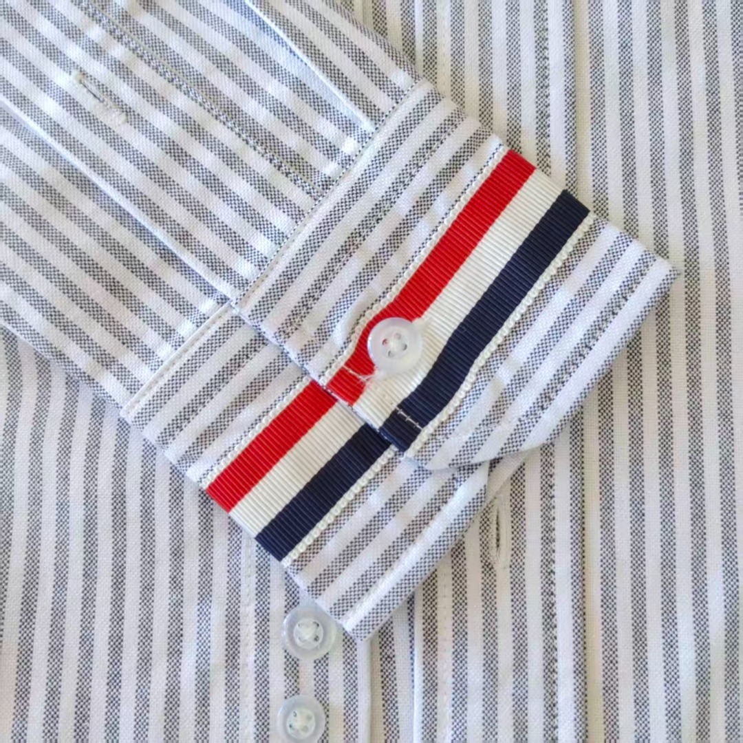 THOM BROWNE 汤姆布朗 条纹双袖口织带色织牛津纺长袖衬衣 蓝色条纹/灰色条