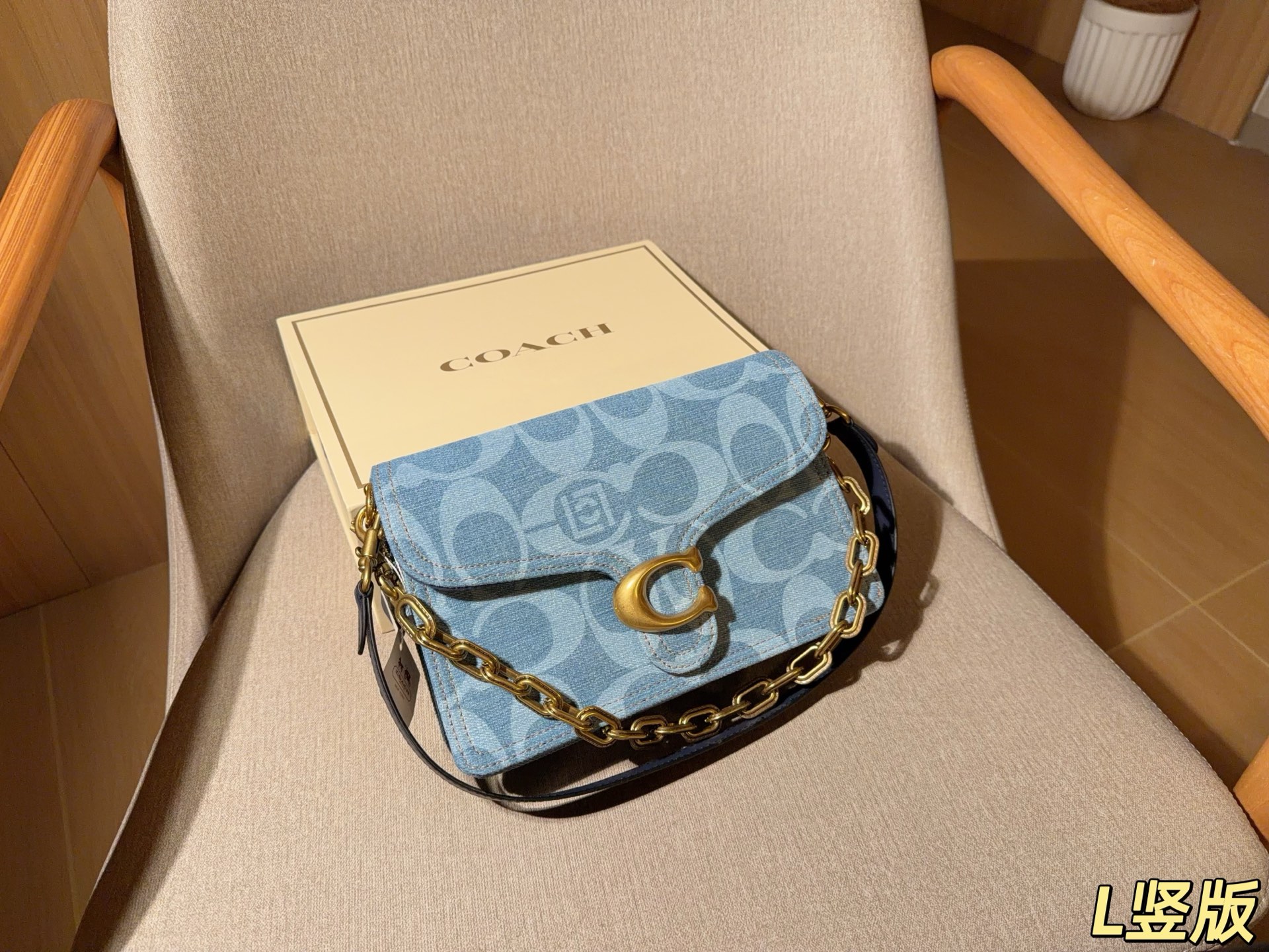 330 | Coach | New Denim Vertical Chain Tabby Clot Collaboration Bacchus Bag | Size 26×17×7 | Gift Box Packagingl